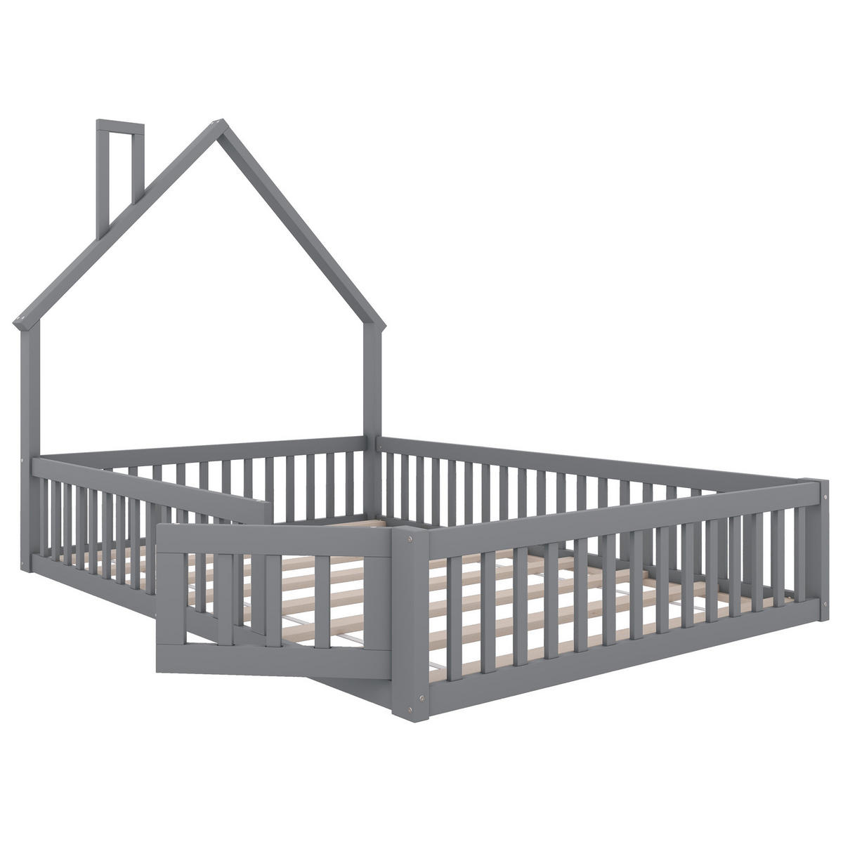 KINDERBETT 140/200 cm mit Schornsteinform, Sicherheitsgitter und Lattenrost, Kiefer /MDF, Grau - Grau, Holzwerkstoff (140/200cm) - Redom