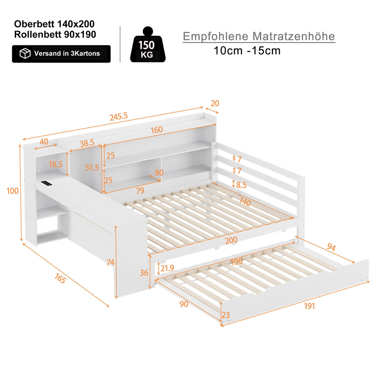 BETT Aus Massivholz mit ausziehbarem Bett und Schreibtisch Weiß 140/200 cm - Weiß, Holz (140/200cm) - OKWISH