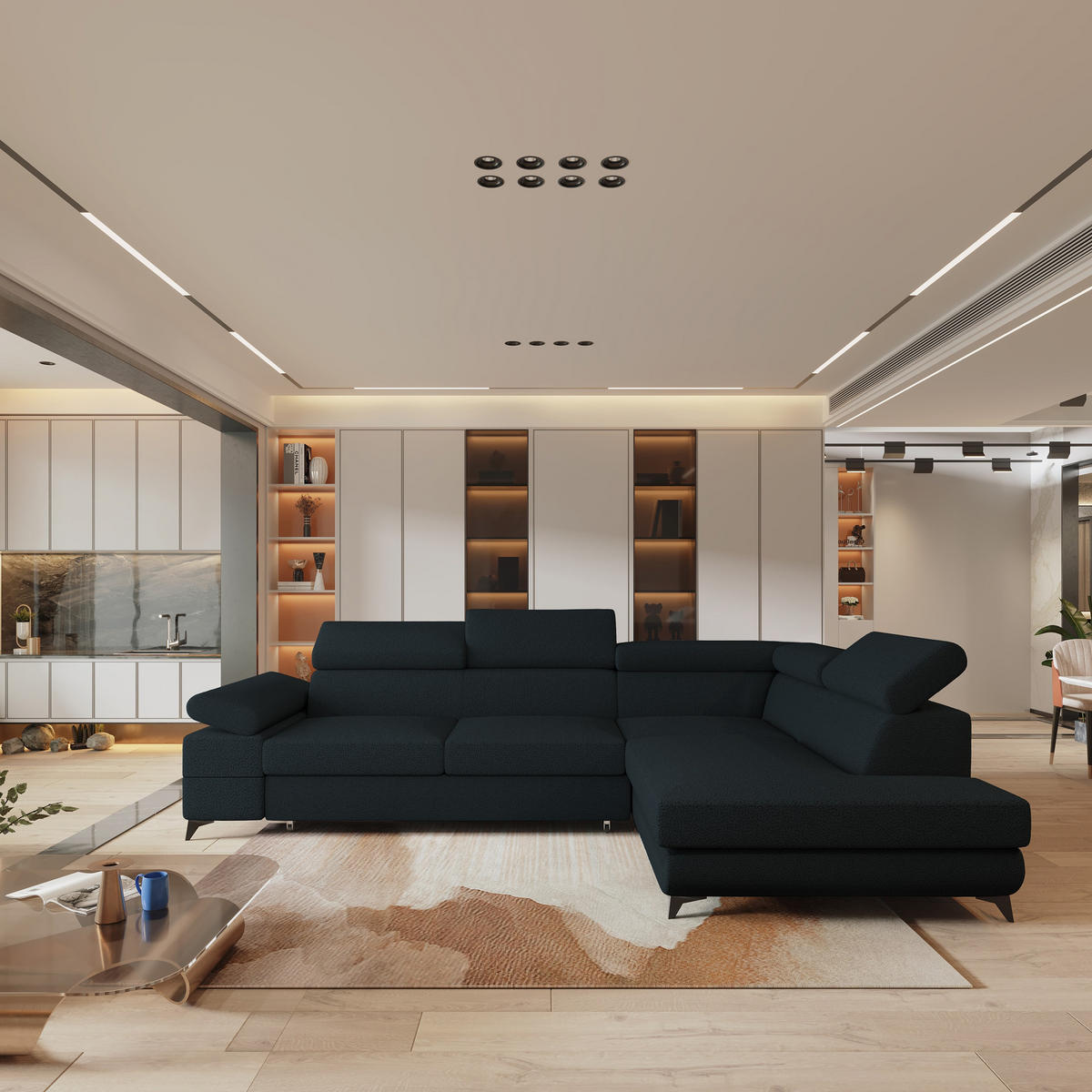 ECKSOFA FAVIEN R-S Schwarz Boucle-Stoff mit Schlaffunktion - Schwarz, Holz (257/190cm) - MASSENO