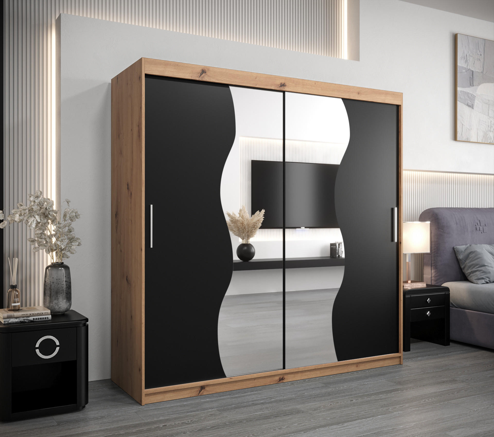 SCHWEBETÜRENSCHRANK 200/200/62 2-türig - Silberfarben/Schwarz, Holz/Kunststoff (200/200/62cm) - Abiks Möbel