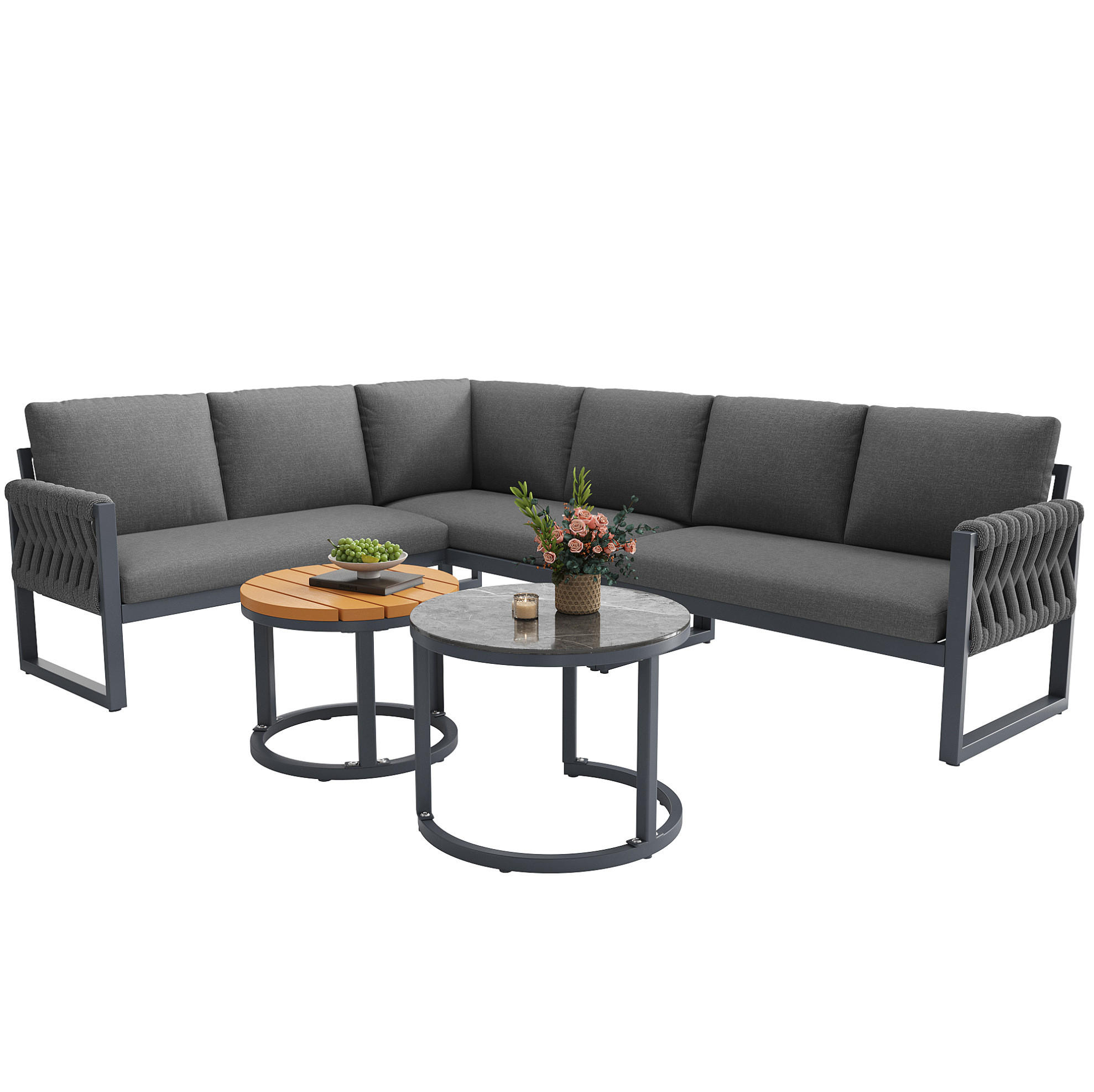 GARTENMÖBELSET modular 5-tlg. mit 2 Tischen Grau - Grau, Metall - Beauniv