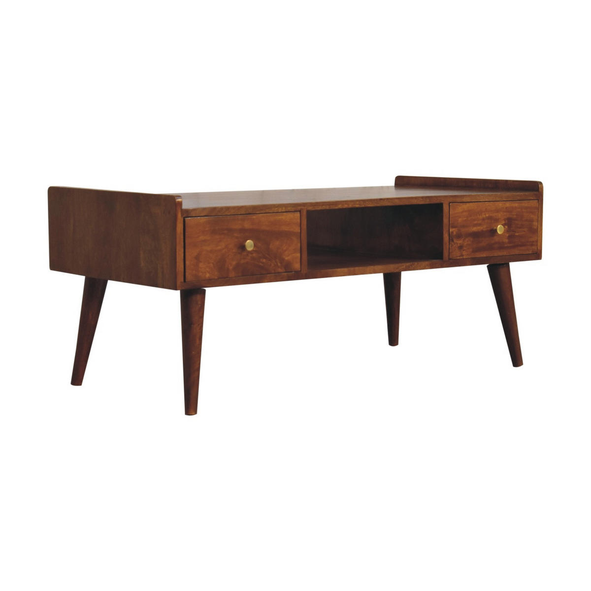 TV-EINHEIT Massivholz Kastanienbraun, 2 Schubladen und Offenes Fach - Dunkelbraun/Messingfarben, Mangoholz/Holz (100/43/50cm) - Artisan Furniture