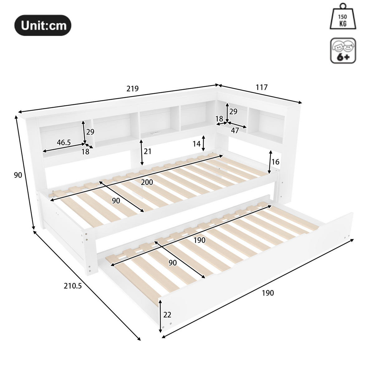 POLSTERBETT aus Kiefernholz 90x200 cm in Weiß mit Ausziehbett & USB-Anschlüssen - Weiß, Holz (90/200cm) - Modfu