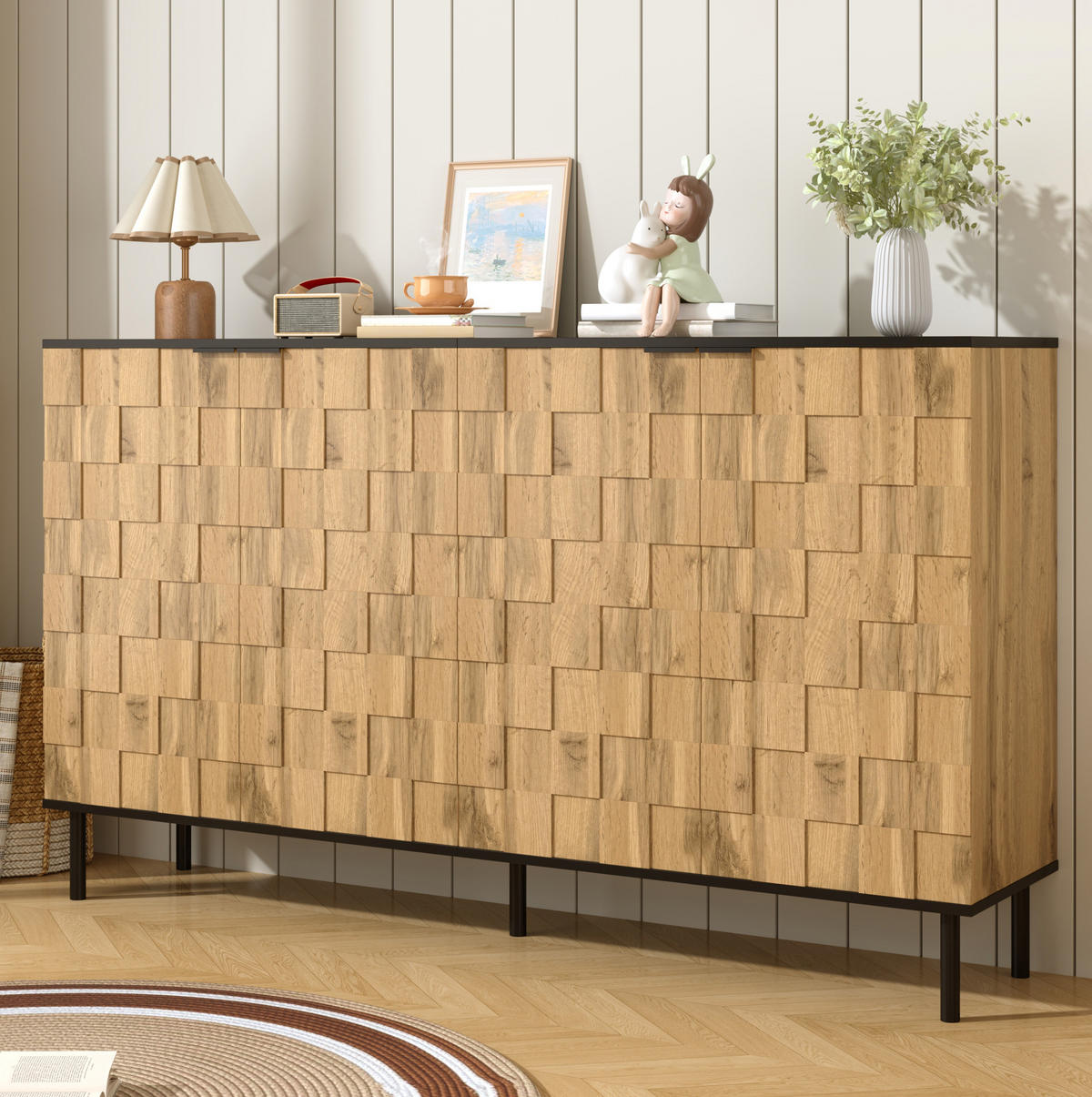 SIDEBOARD 160/35/80,5 cm mit 2 Türen in Natur/Schwarz & Mosaikfronten - Naturfarben, Holzwerkstoff (160/80/35cm) - BEAOK