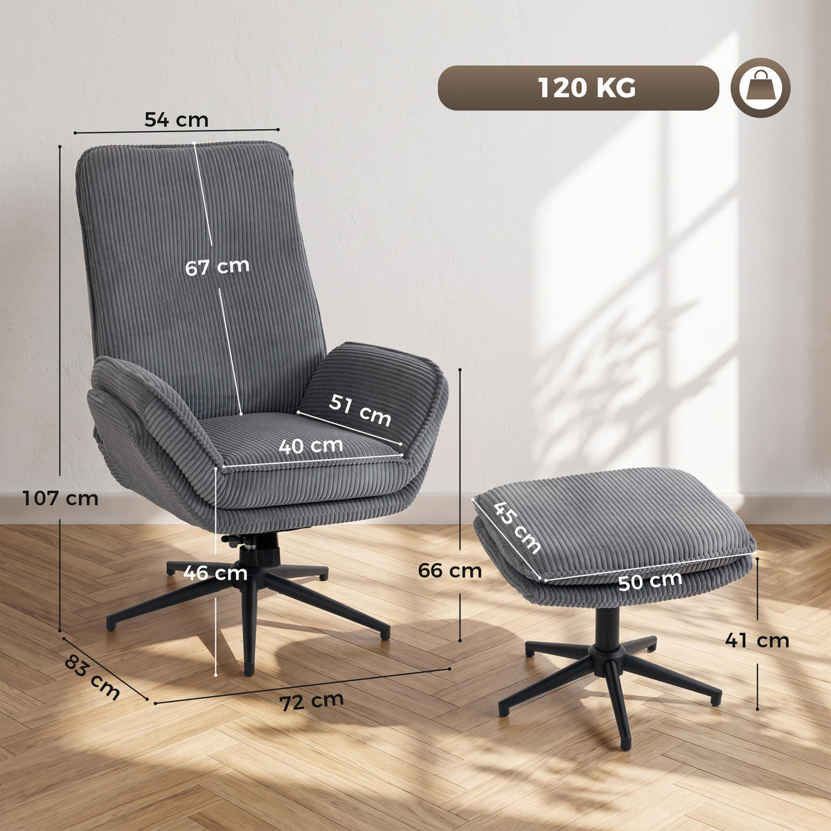 RELAXSESSEL mit Hocker Polyester Grau - Schwarz/Grau, Textil/Metall (72/107/83cm) - HOMCOM