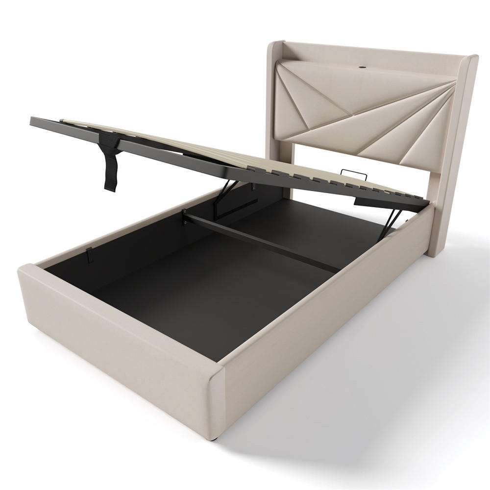 POLSTERBETT 90/200cm in Beige Leinen mit USB Typ C Ladefunktion Kopfteil - Beige, Holz/Textil (90/200cm) - KOMHTOM