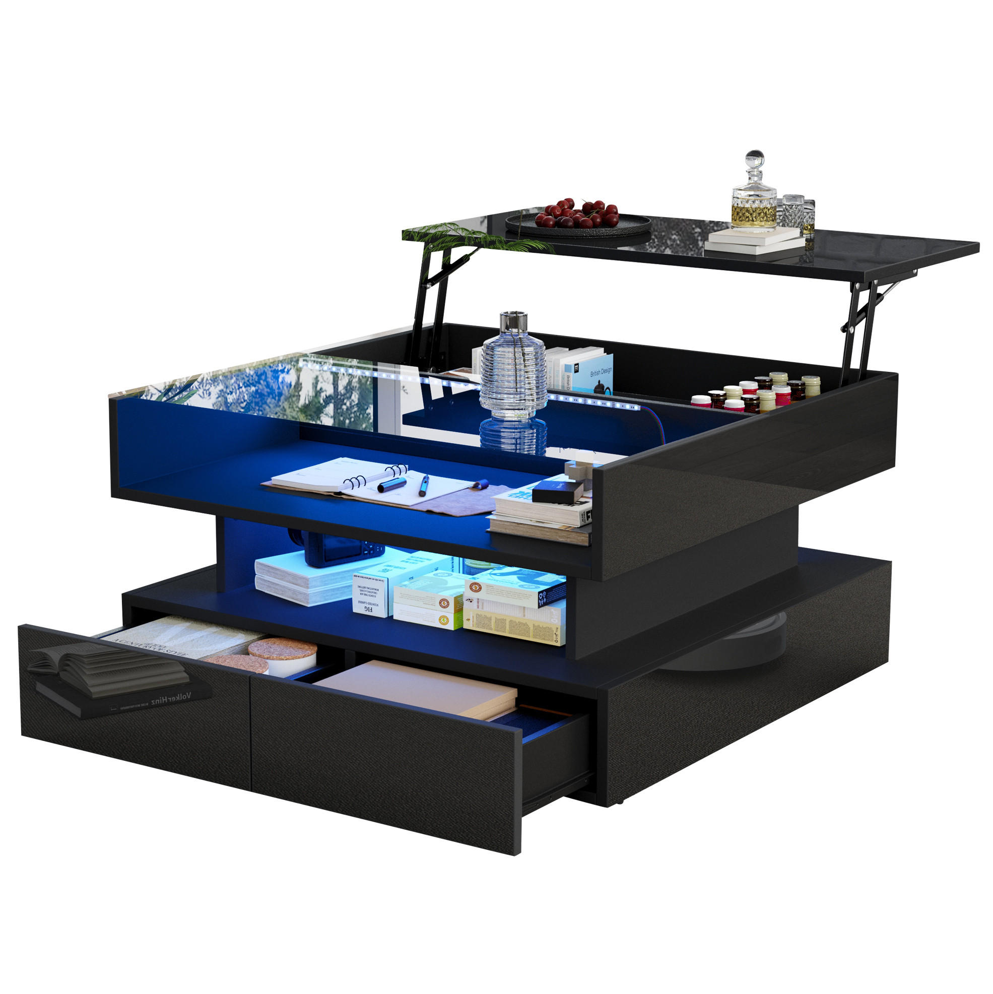 COUCHTISCH aus Spanplatte 80x80x45 cm Schwarz mit Hubfunktion, LED-Beleuchtung und 2 Schubladen - Schwarz, Holzwerkstoff (80/80/45cm) - IVMEU