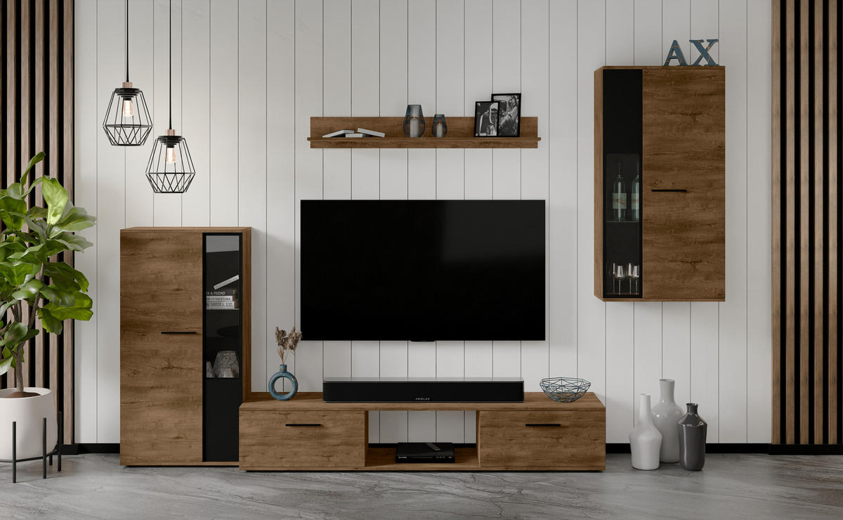 WOHNWAND Formilo Lefkas Eiche 294/180/40 cm Hochwertige TV Wohnwand - Braun, Holzwerkstoff/Kunststoff (294/180/40cm) - AX Living