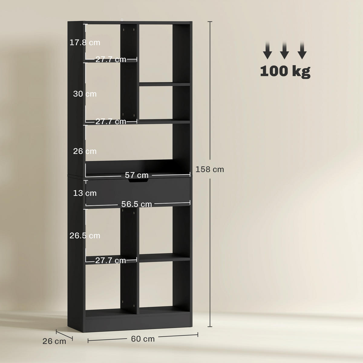 BÜCHERREGAL,MITTIGE Schublade Kippsicherung 60x26x158cm,schwarz - Schwarz, Holzwerkstoff (60/158/26cm) - Vallsero