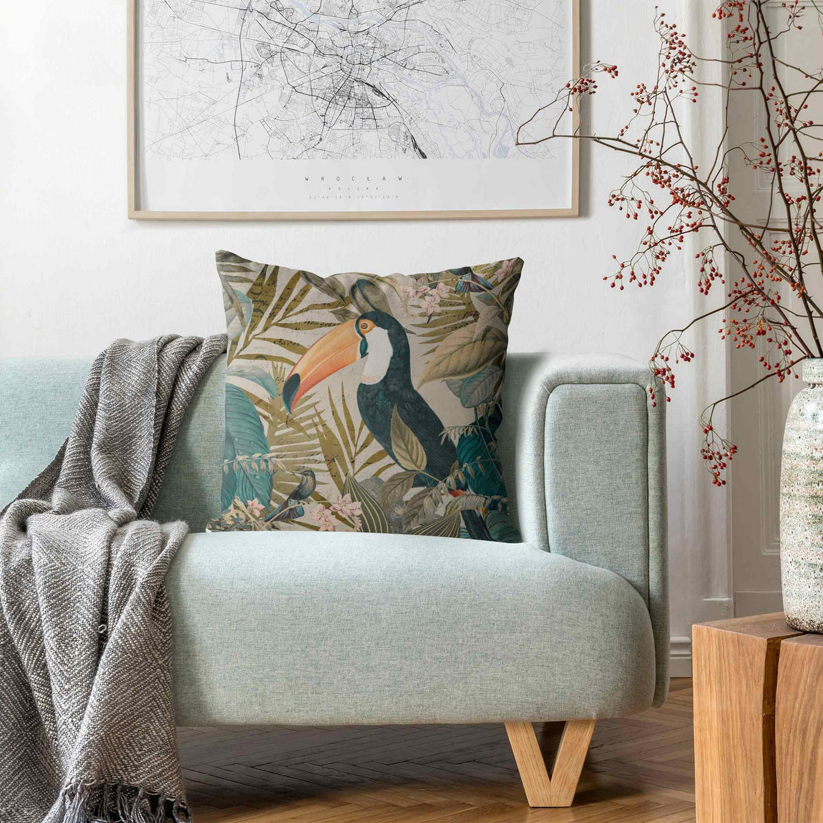 DEKOKISSEN Vintage Collage - Tukan im Dschungel 40/40 cm - Türkis, Textil (40/40/10cm) - Bilderwelten