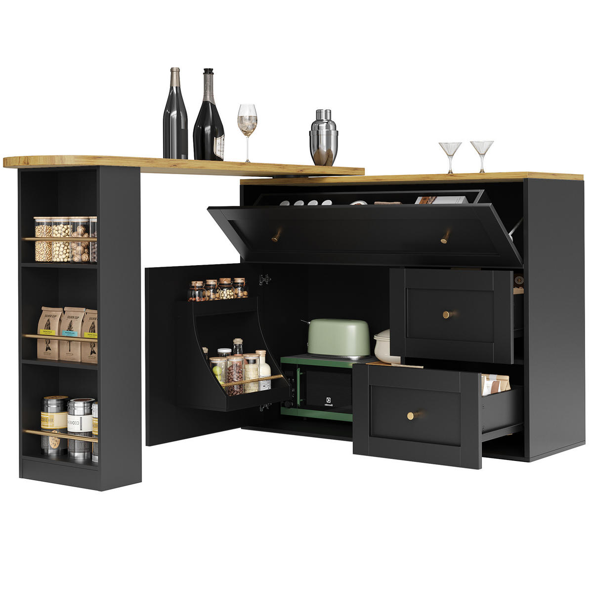 BAROVÝ stůl z MDF a kovu 138-204x39x105 cm černý s úložným prostorem a 360° otočnou deskou - černá, kompozitní dřevo (204/105/39cm) - Modfu