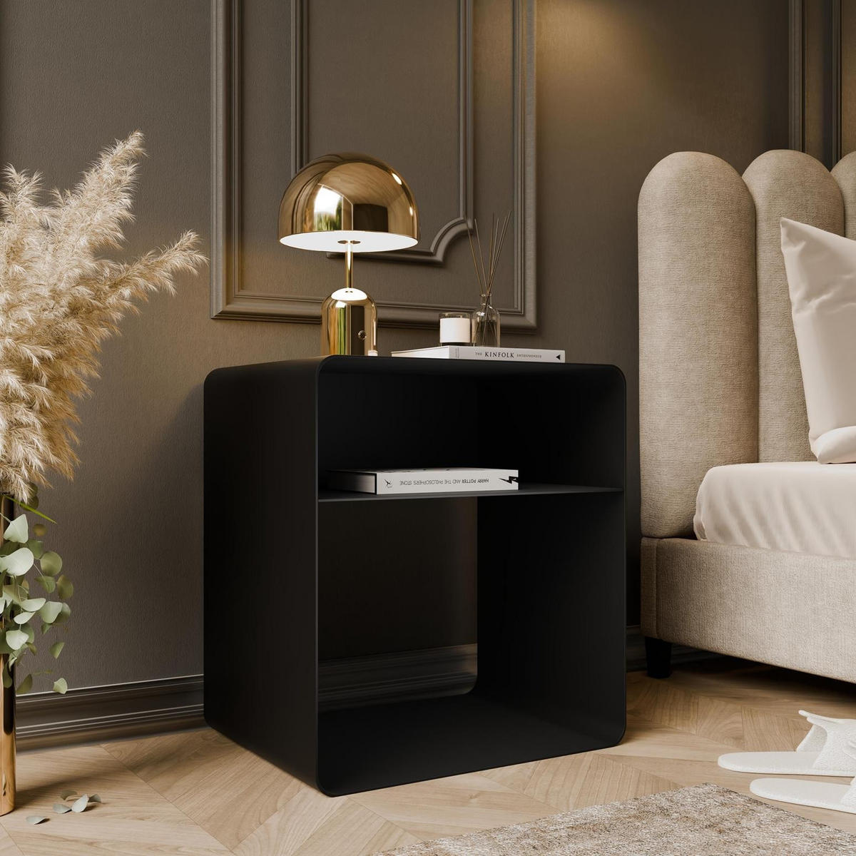 NACHTTISCH Aura Schwarz, mit Ablage für minimalistische Innenräume - Schwarz, Metall (45/50/35cm) - Bettso