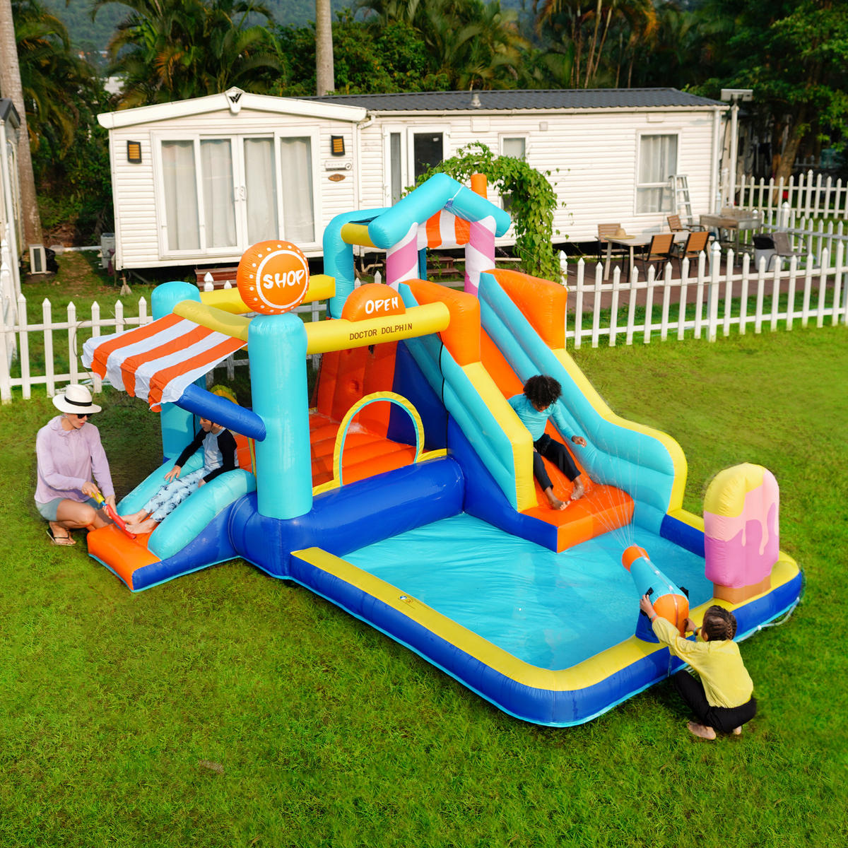 HÜPFBURG Wasserpark Trampolin 450W Gebläse - Blau, Textil (340/395/236cm) - LEBENLANG