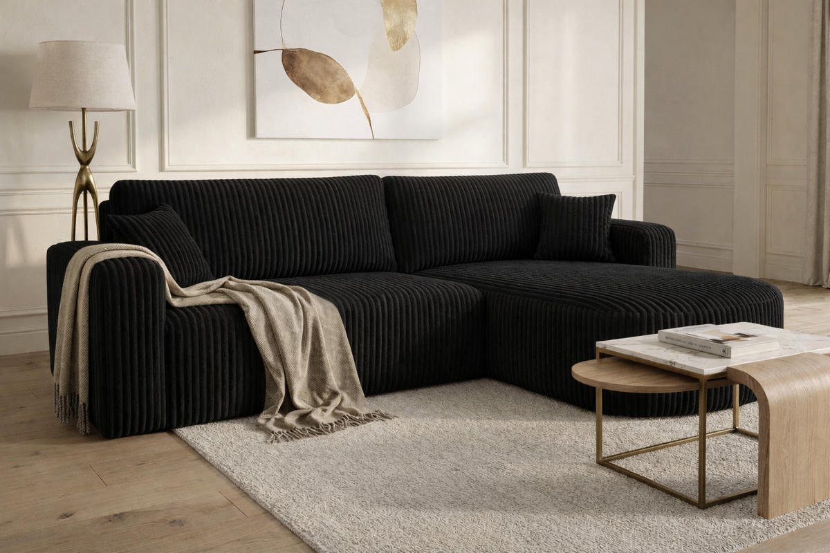 ECKSOFA Mit Schlaffunktion, Cordstoff Tilia, Schwarz, Rechts, ROUND ONE XL - Schwarz, Holz (271/175cm) - Kaiser Möbel