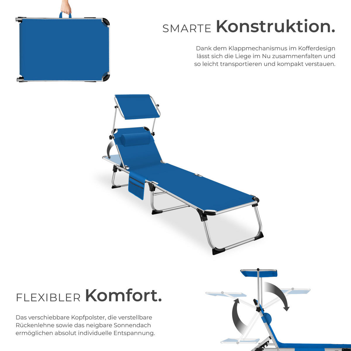 SONNENLIEGE Aurelie,218 x 60 x 33,5 cm, inkl. Seitentasche ,blau - Blau, Kunststoff (60/33.5/218cm) - tectake
