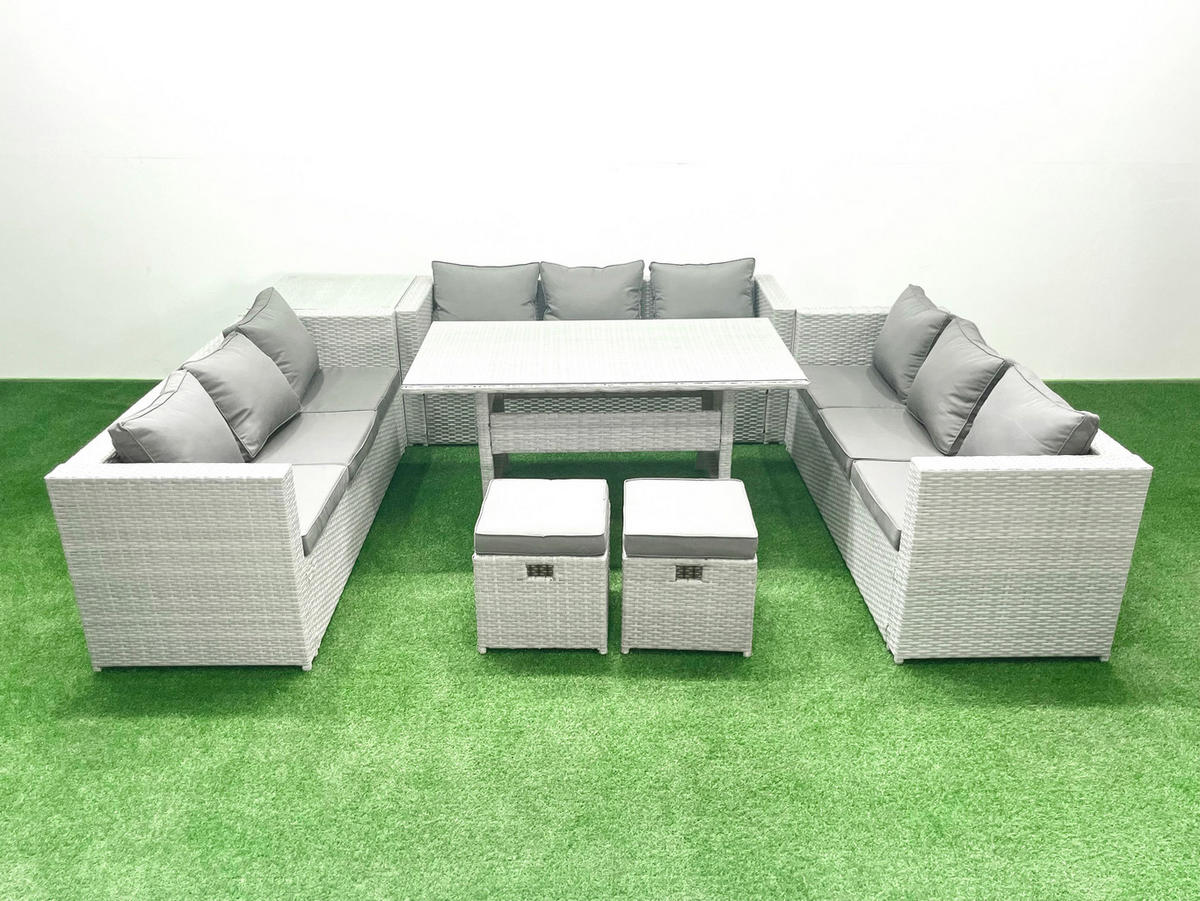 GARTENSET mit Esstisch,Sofa ,Beistelltisch,2 Kleiner Fußhocker Polyrattan Hellgrau 11-Sitzer - Hellgrau/Grau, Glas/Kunststoff - Fimous