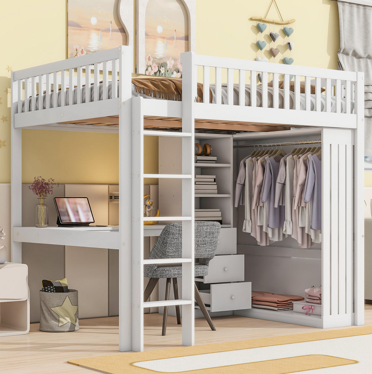 HOCHBETT 140/200 cm, Weiß mit Schreibtisch und Kleiderschrank - Weiß, Holz (140/200cm) - MIVRAY