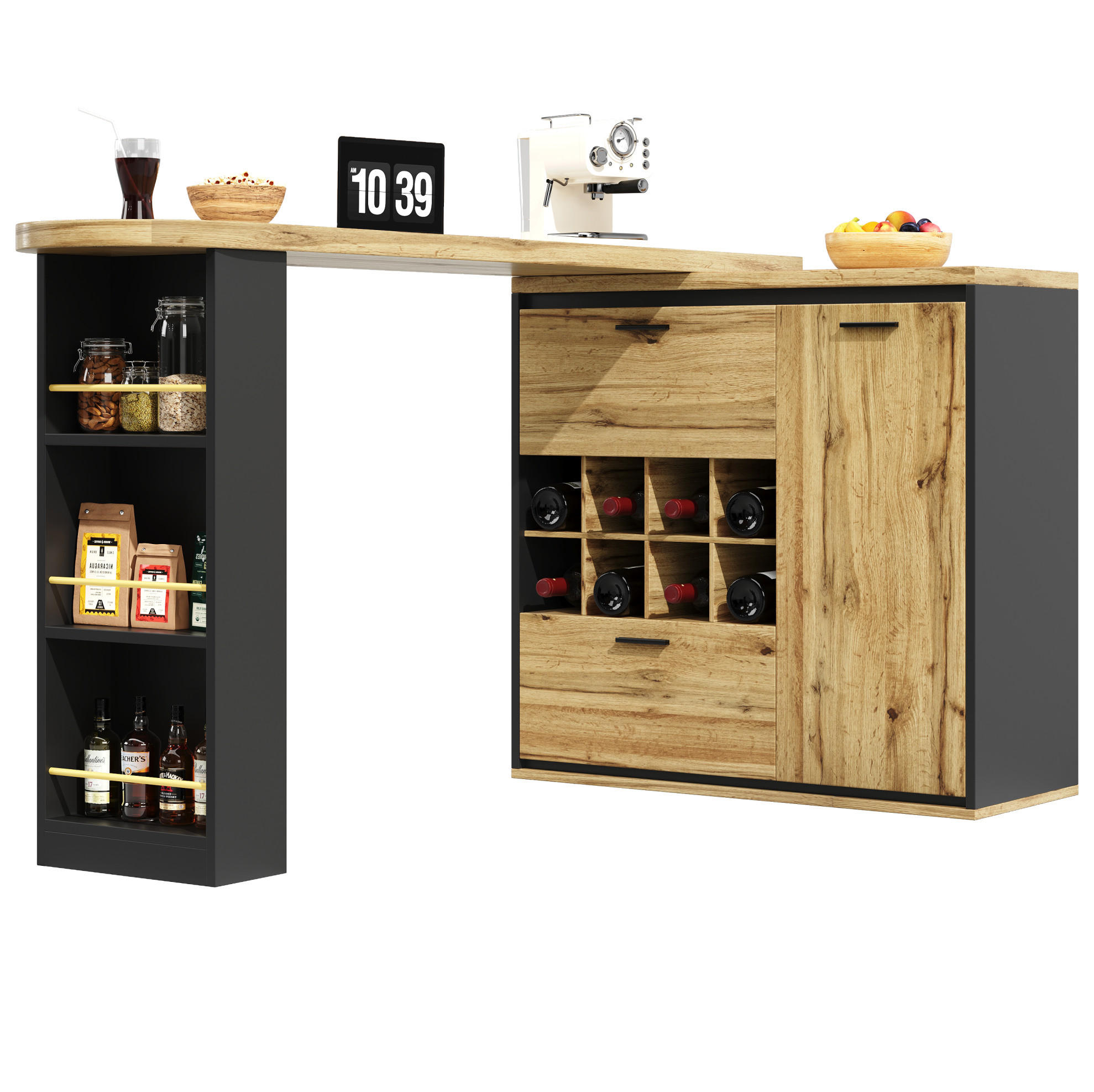 ESSTISCH aus MDF und Metall 138-220x39x105 cm Holzfarben ausziehbar mit 2 Schubladen, Weinregal und offenen Fächern - Naturfarben, Holzwerkstoff (138/39/105cm) - Modfu
