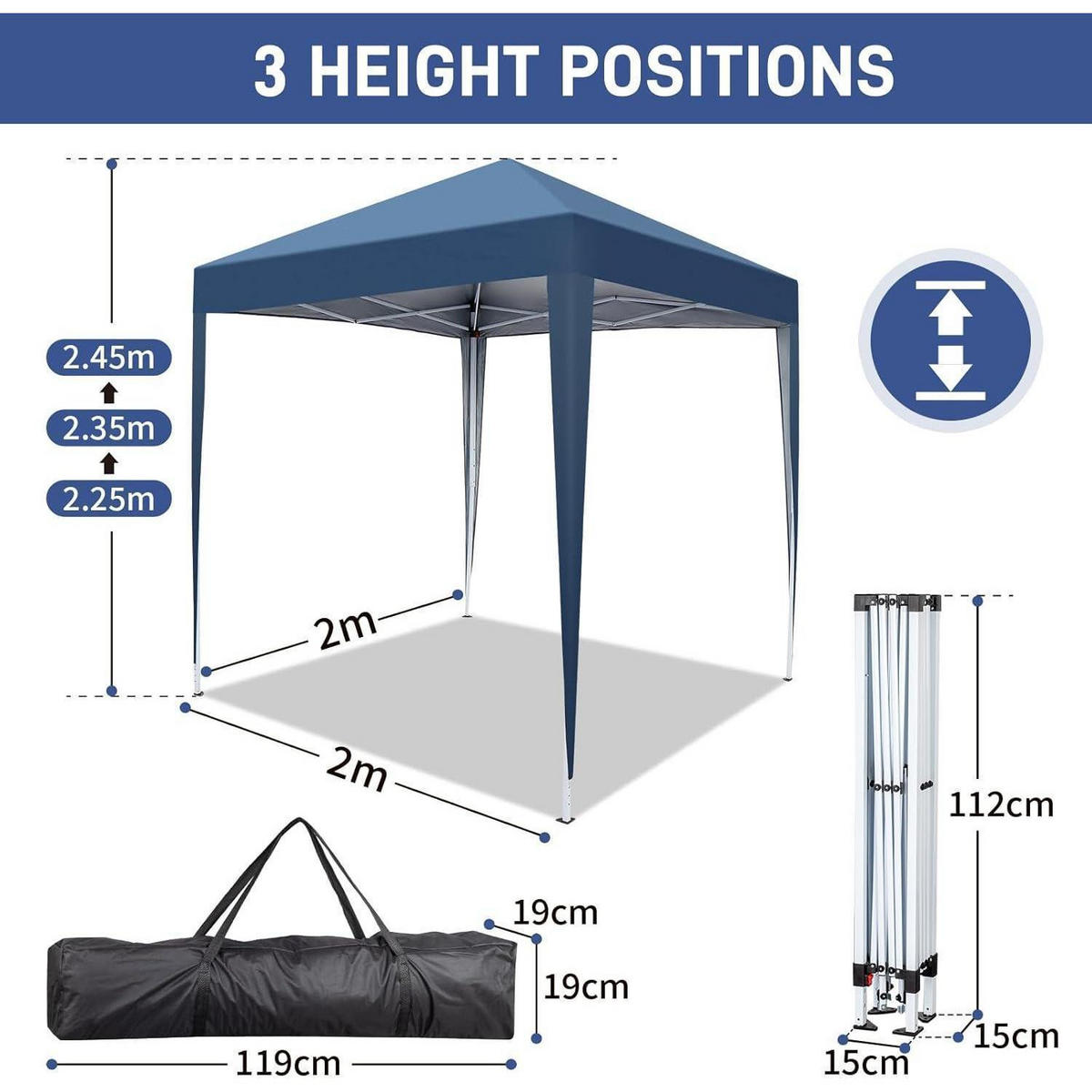 FALTPAVILLON 2 x 2 m Blau mit 4 Seitenteilen - Blau, Textil (200/245/200cm)
