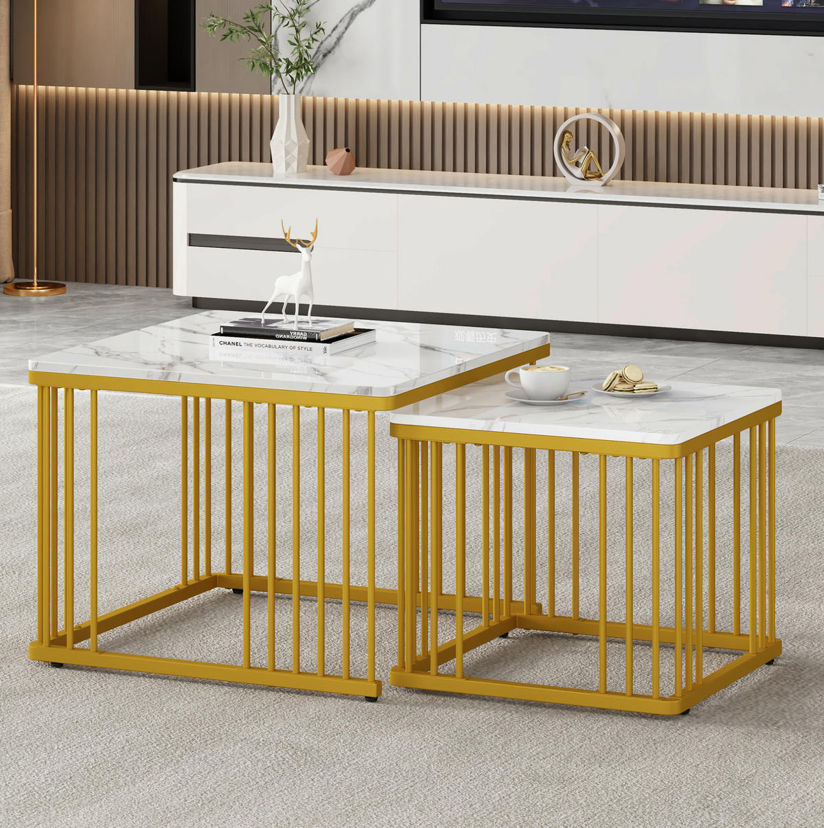 COUCHTISCH 2er-Set ineinanderschiebbar 60 x 60/45 x 45 cm Marmoroptik Weiß - Weiß, Metall (60/60/45cm) - Meubliv