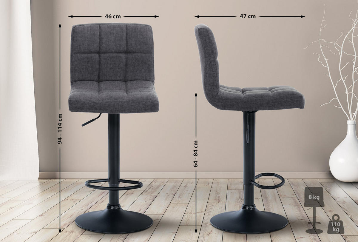 BARHOCKER 2er Set Cala Stoff schwarz hellgrau - Schwarz/Grau, Textil/Metall (46/114/47cm) - TPFLiving