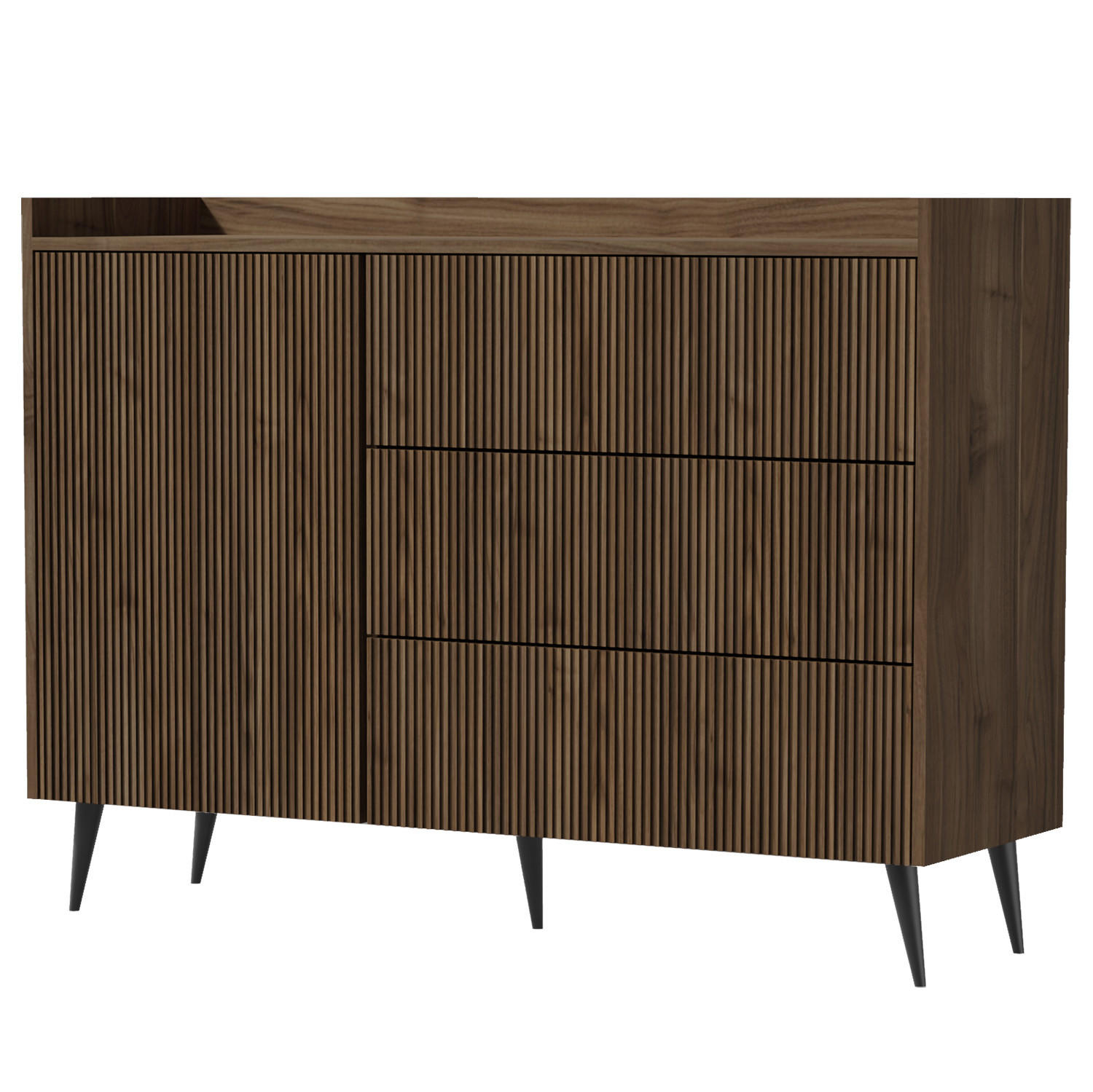 Beautysofa KOMODA Amfali s 1 dveřmi a 3 zásuvkami, systém Push-to-open, kovové nohy, 126 cm, ořechová barva