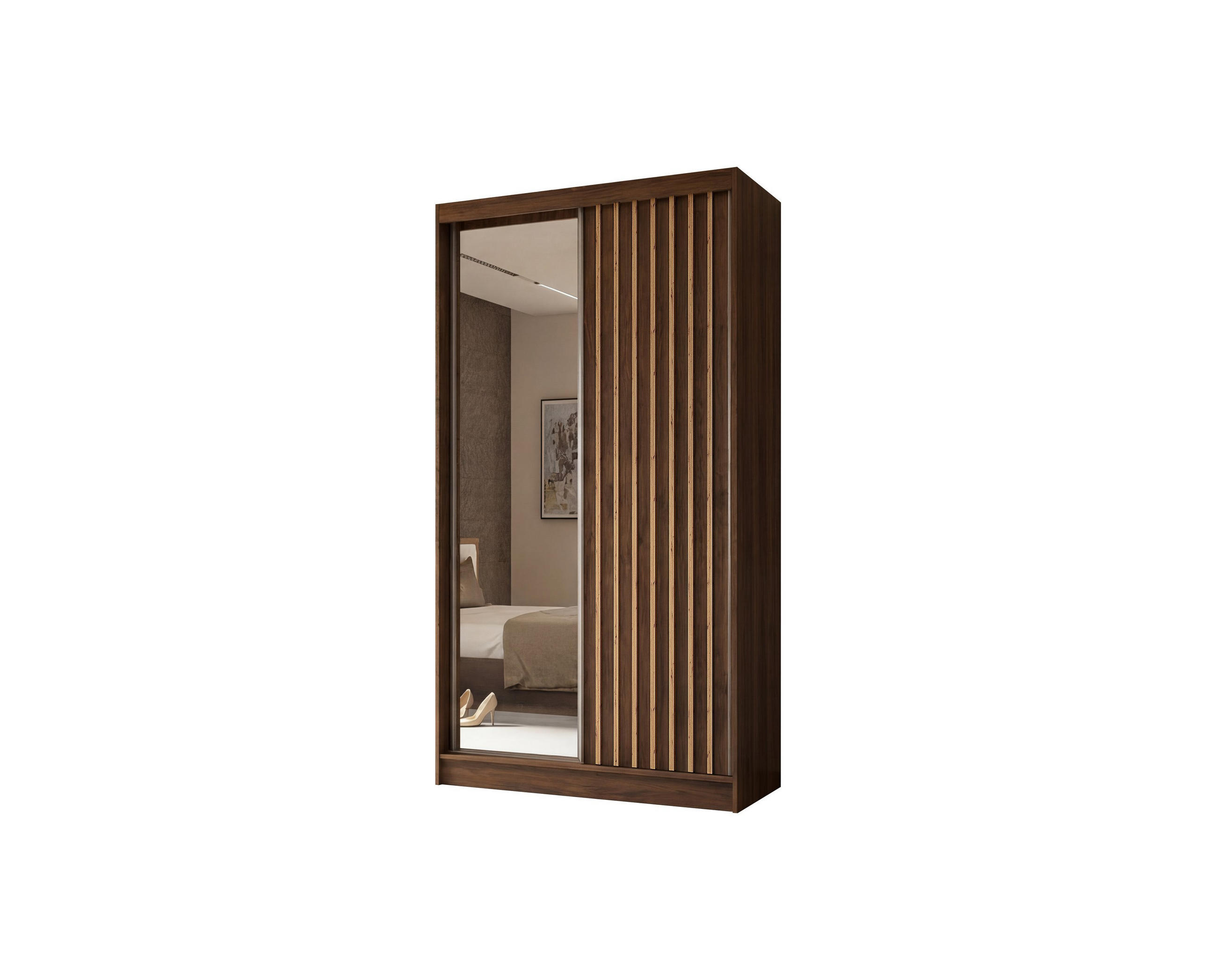 SCHWEBETÜRENSCHRANK LAMELLO 120/216/61 cm Modern Kleiderschrank 2-türig mit Spiegel Nussbaumfarben - Nussbaumfarben, Holzwerkstoff (120/216/61cm) - MASSENO