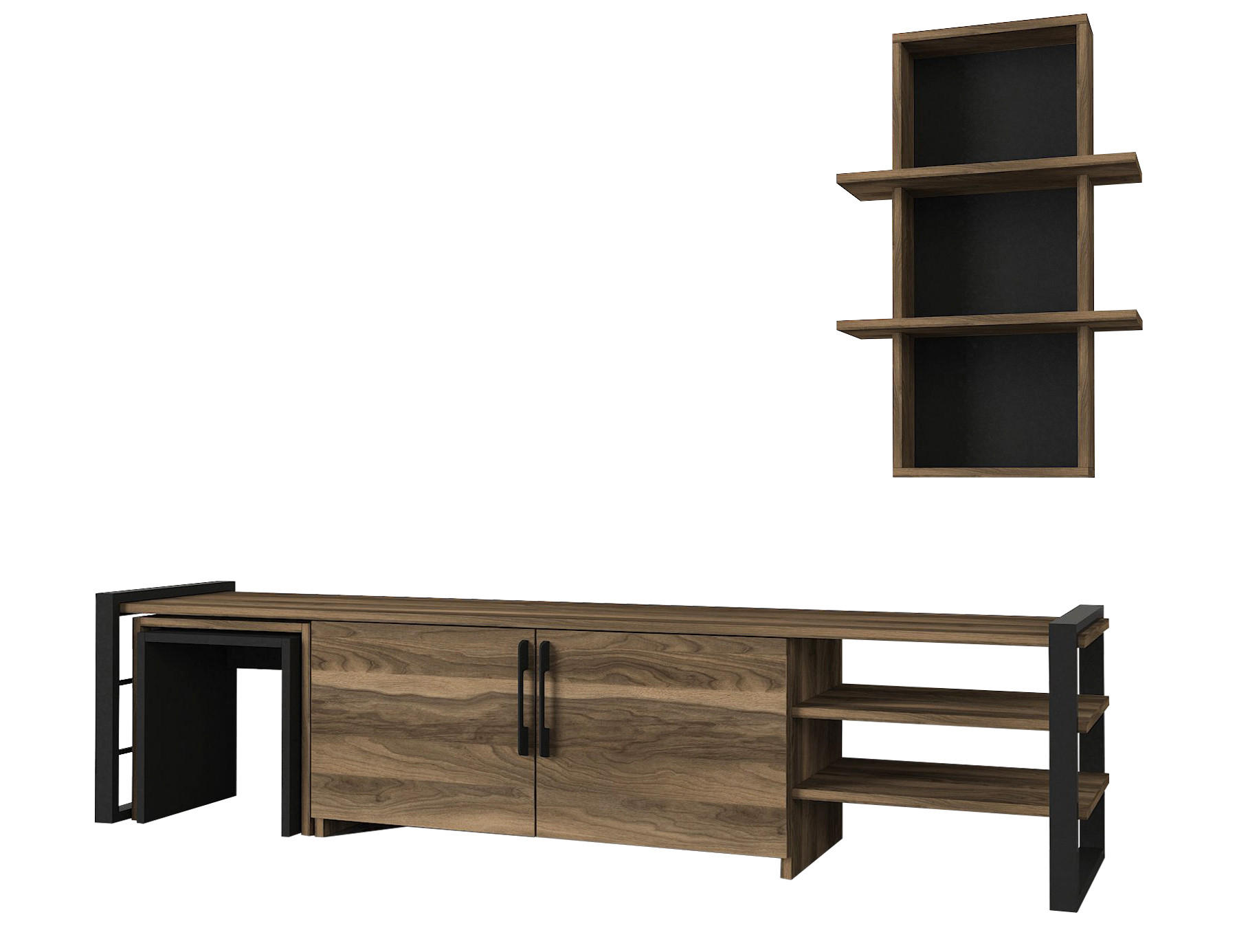 WOHNWAND Epica Metallfüße Walnuss Schwarz mit 2 Integrierten Beistelltischen - Walnussfarben/Schwarz, Holzwerkstoff/Metall (180/46/39cm) - moebel17
