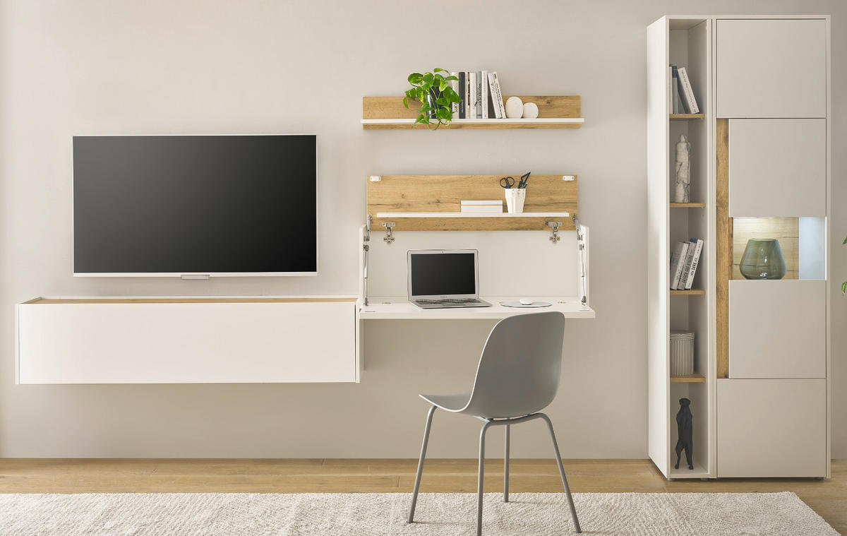 WOHNWAND weiß, Eiche Wotan 5-teilig 340 cm, Komplettset mit Sekretär - Eiche Wotan/Schwarz, Glas/Holz (340/200/40cm) - Furn.Design