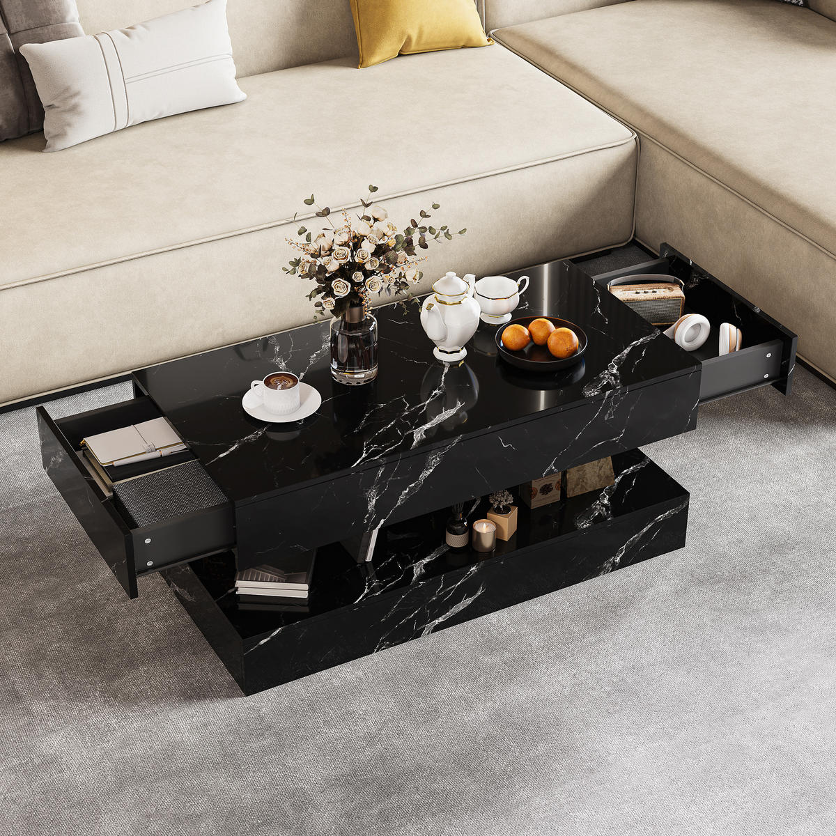 COUCHTISCH 100x50 cm Schwarz Hochglanz Marmoroptik mit LED-Beleuchtung & Schubladen - Schwarz, Holz (100/50/45cm) - SHOPENTRA