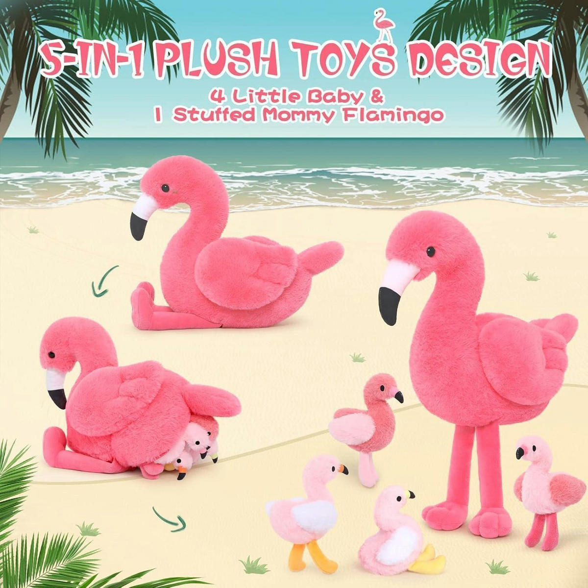 PLÜSCHTIER Flamingo mit 4 Babys 45 cm - Rosa, Textil (32/45cm)