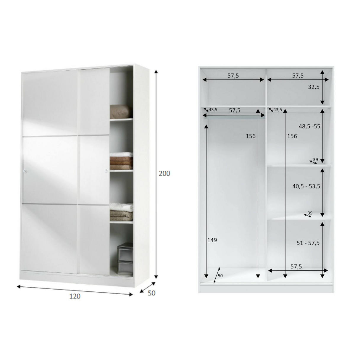 KLEIDERSCHRANK 2 TÜREN Weiß 50/120/200 cm - Weiß, Holzwerkstoff (120/200/50cm) - DMORA