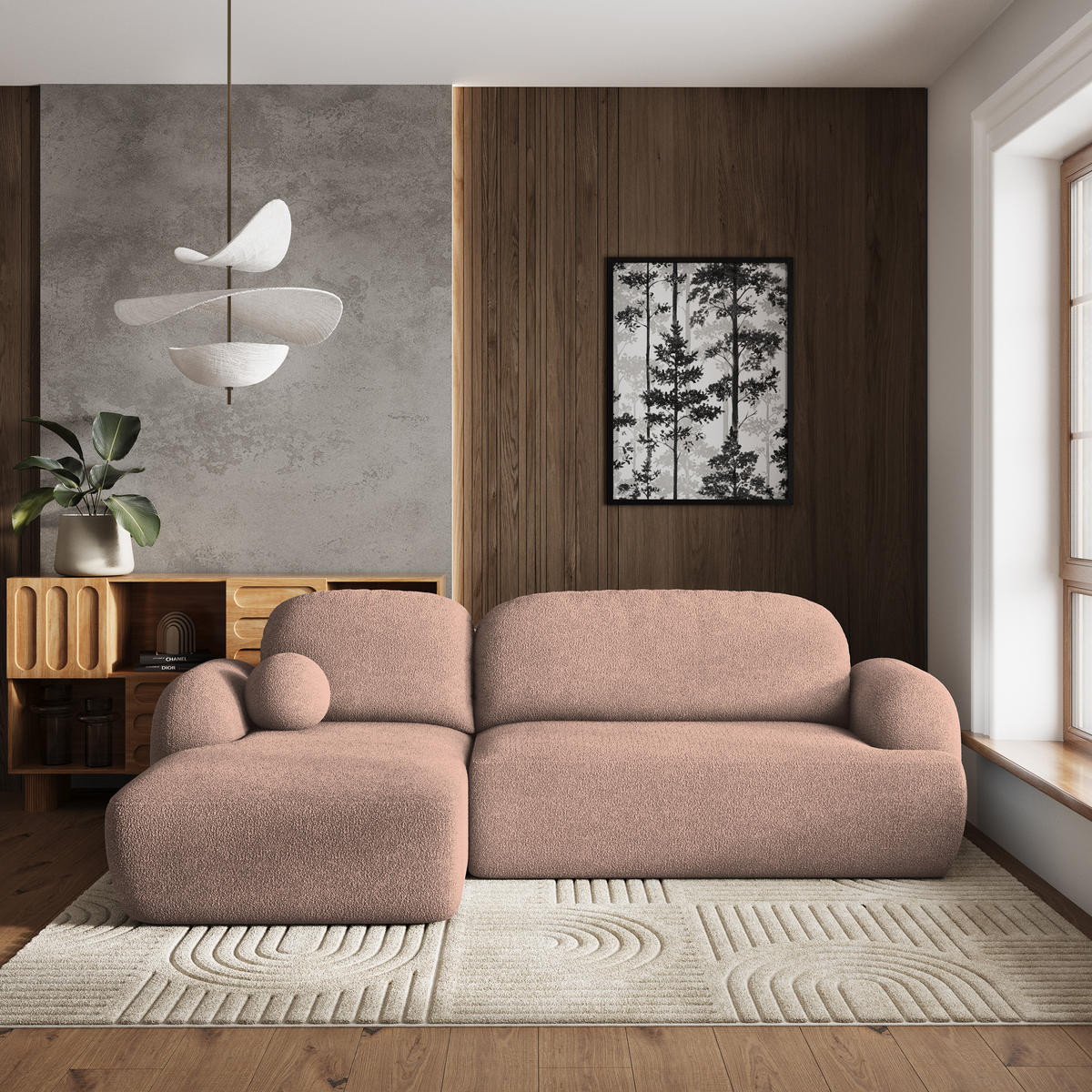 ECKSOFA MODENZA N L-S Rosa Boucle-Stoff mit Schlaffunktion - Schwarz/Rosa, Holz/Kunststoff (266/148cm) - MASSENO