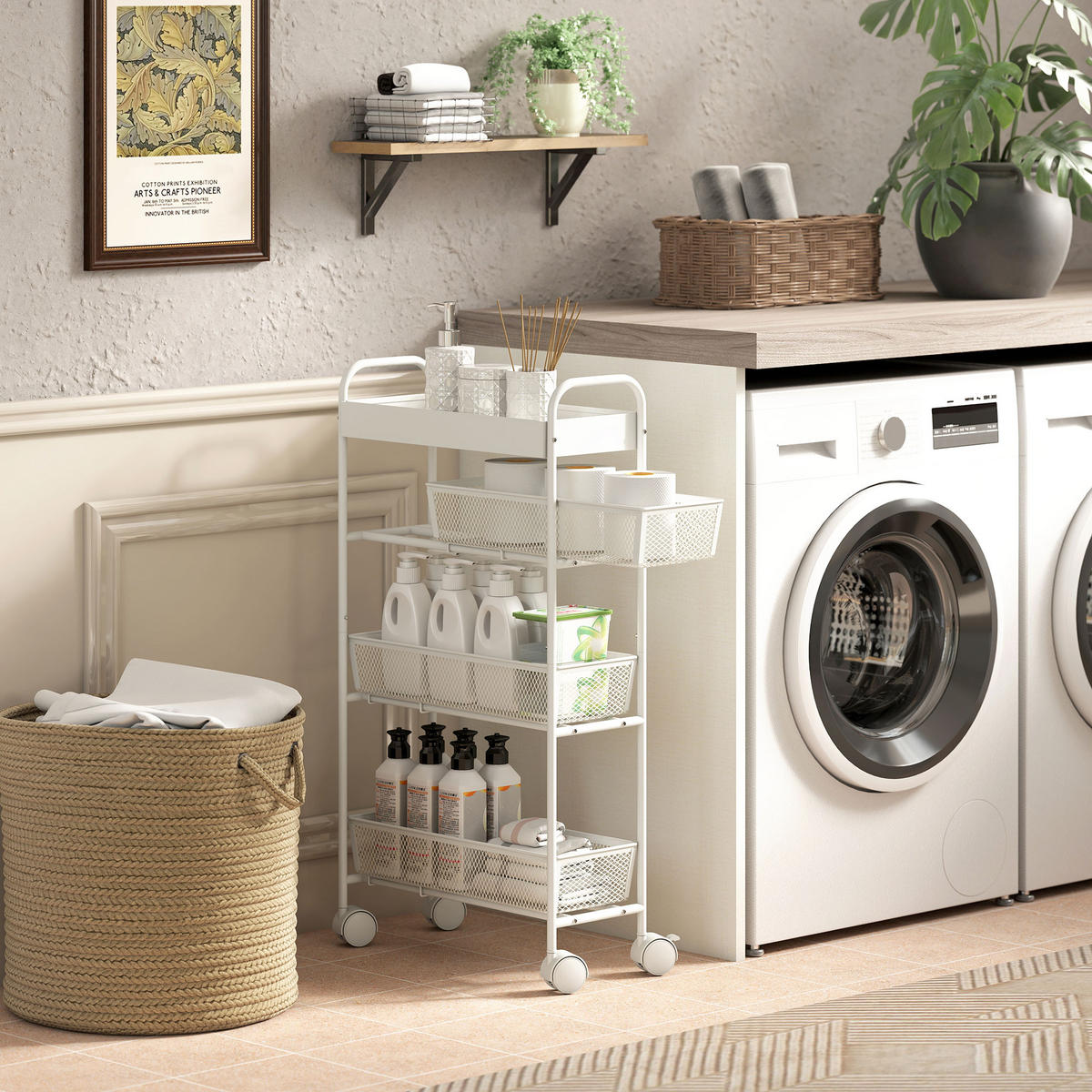 ROLLWAGEN Küchenwagen mit 4 Ebenen Servierwagen mit Rollen 3 Ausziehkörben Weiß - Weiß, Metall (19/80/43.2cm) - HOMCOM