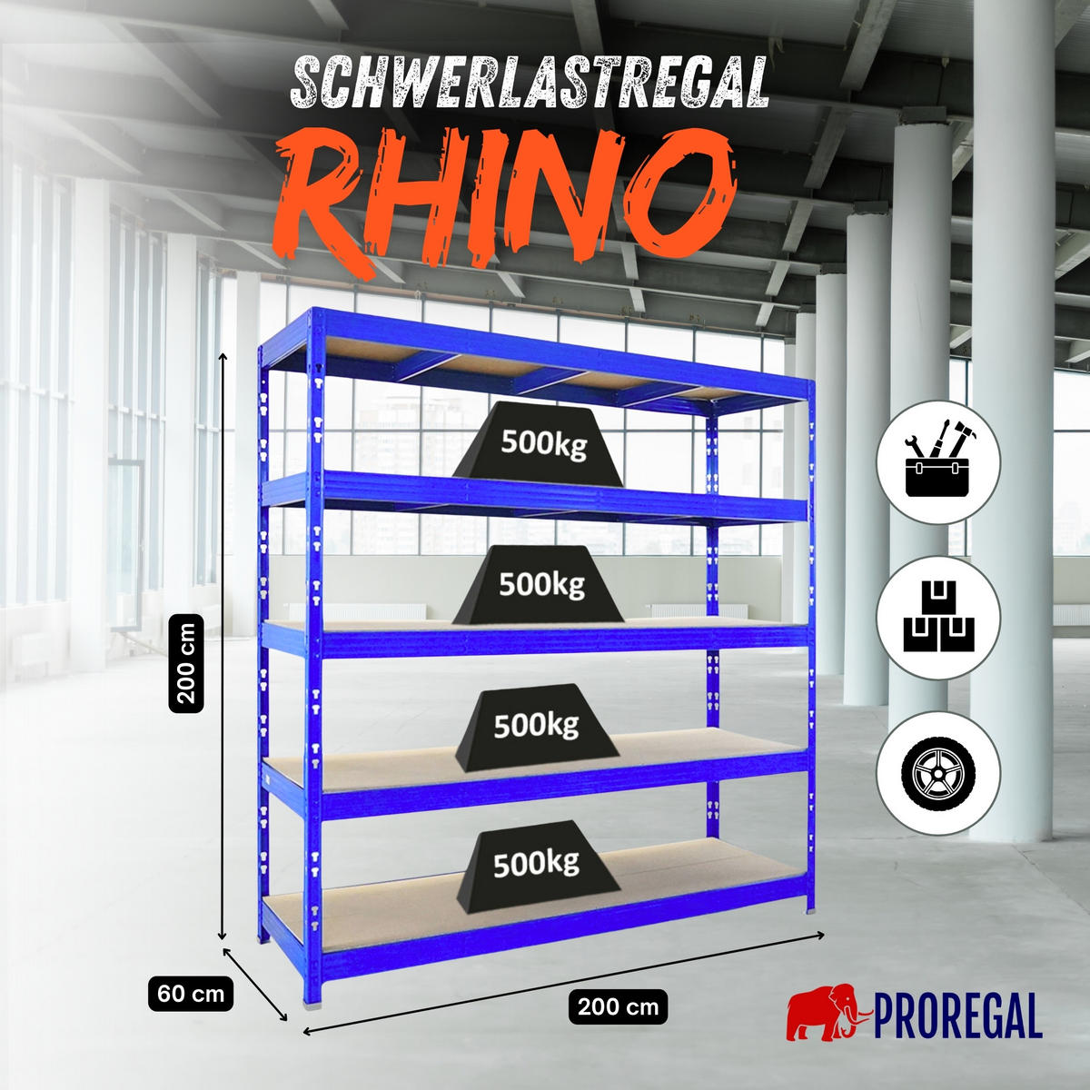 SCHWERLASTREGAL Rhino 200x200x60 cm 5 Spanplatten-Ebenen 8mm Fachlast 500 kg Blau - Blau, Metall (200/200/60cm) - PROREGAL