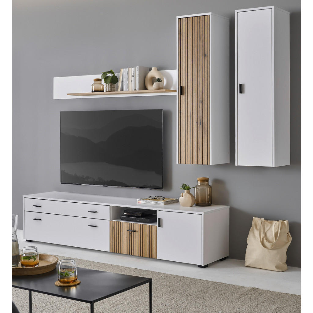 Thumbnail - Furn.Design Wohnwand, Weiß, Eiche, Metall, Nachbildung,Eiche, Uni, Holz Optik, 4 Fächer, 1 Schubladen, einzeln stellbar,...