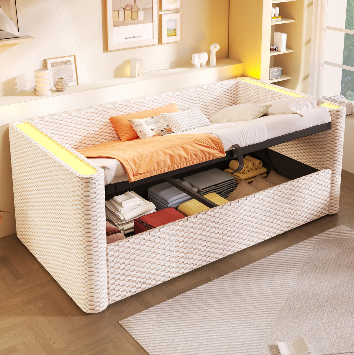 BETT 90/200 cm aus Samt in Beige mit LED-Beleuchtung und Stauraum - Beige, Textil (90/200cm) - Flora Grace
