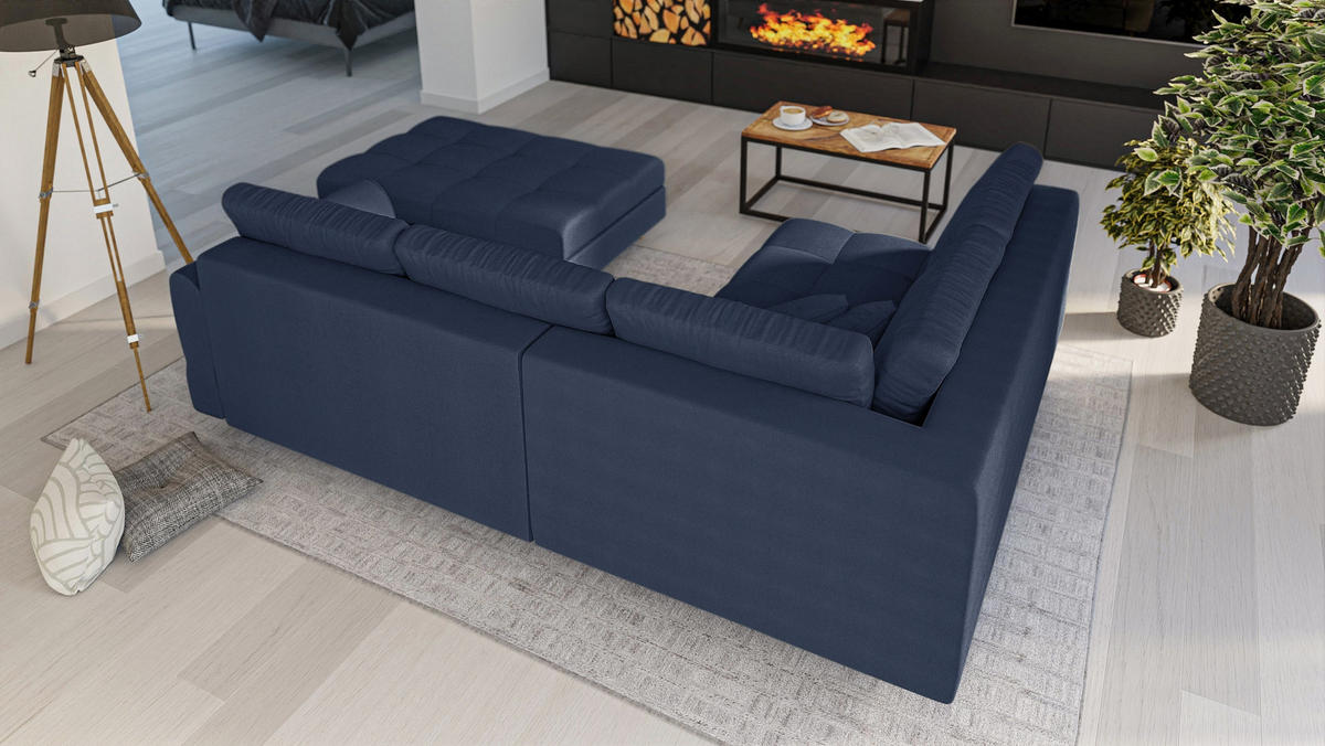 ECKSOFA MIT HOCKER Lorine Mikrofaser Dunkelblau - Hellbraun/Dunkelblau, Buchenholz/Textil (231/161cm) - S-Style Möbel