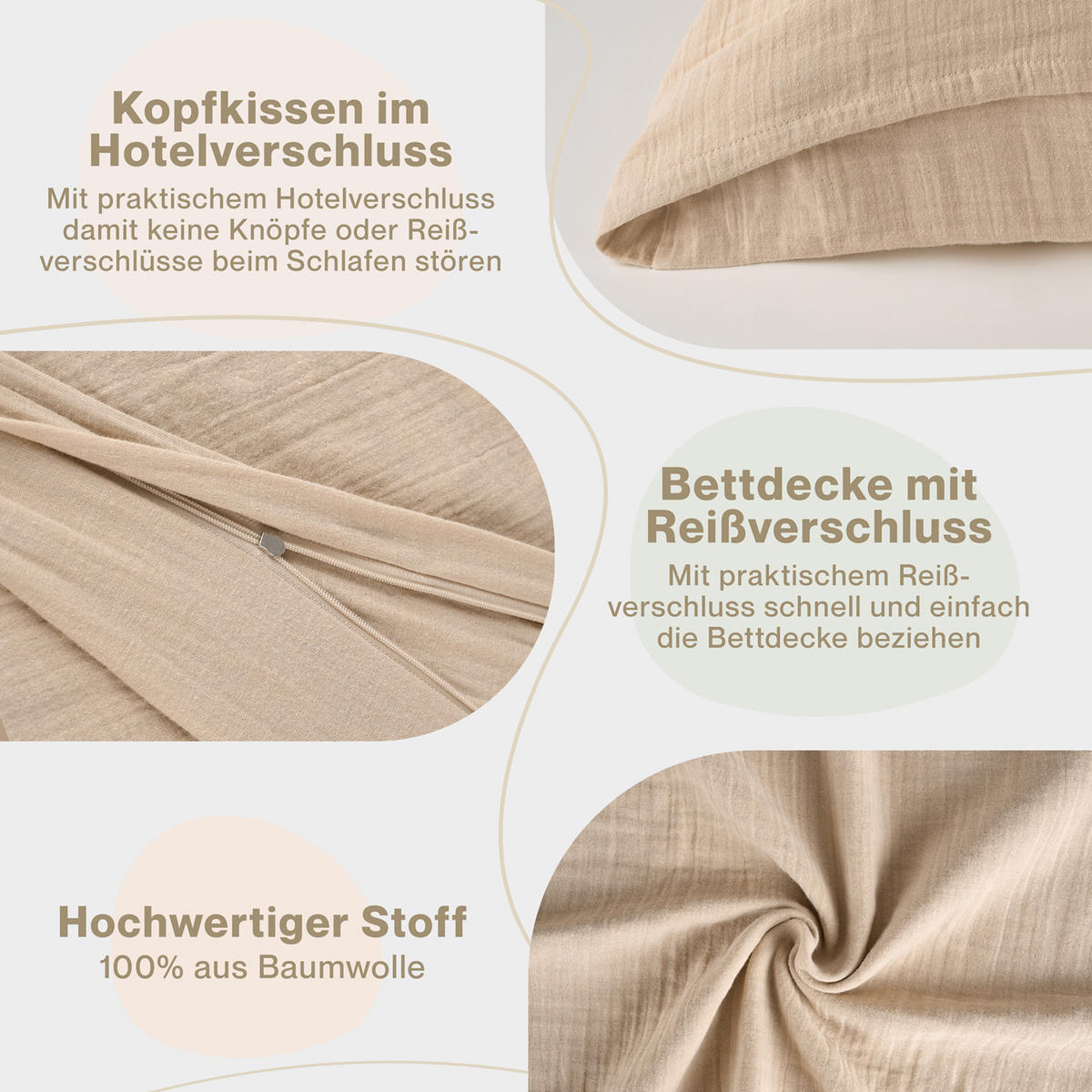 BETTWÄSCHE Musselin, 100% Baumwolle, 200/200 cm & 2x 80/80 cm - Taupe, Textil (200/200cm) - Blumtal