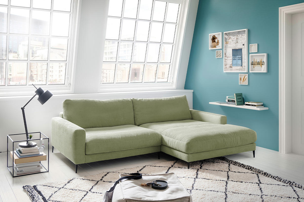 ECKSOFA CARA Grün Cord - Schwarz/Grün, Textil/Metall (272/190cm) - KAWOLA