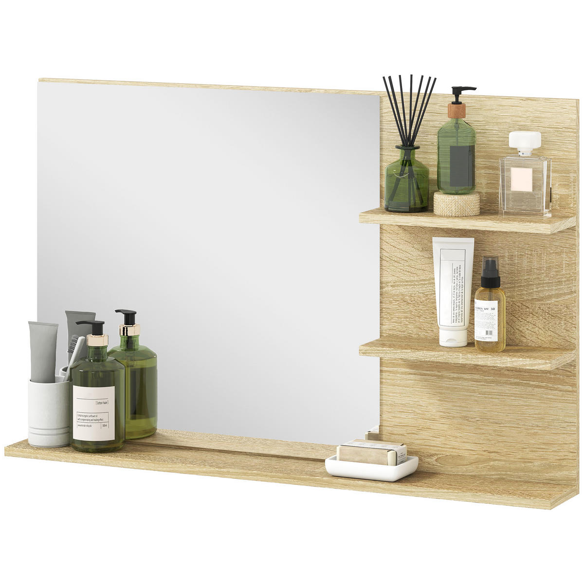 BADEZIMMERSPIEGEL mit zwei seitlichen Ablagen und einer unteren Ablage,75 x 10 x 48 cm ,Holzfarbe - Braun, Glas (10/48/75cm) - Vallsero