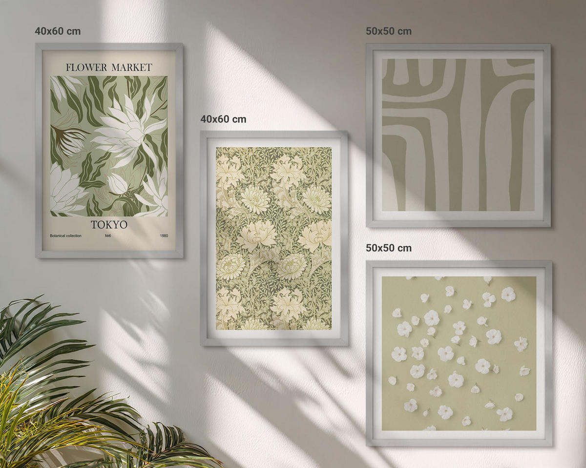 WANDBILDER 4er Set - 50x50 cm & 40x60 cm Silberner Rahmen - Boho-Pflanzenkompositionen in Pastellfarben - Silberfarben, Kunststoff (50/50cm) - ArtPrintCave