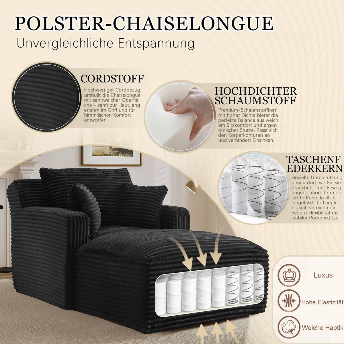 SOFA Cord Schwarz - Schwarz, Textil (100/82/166cm) - WISHDOR