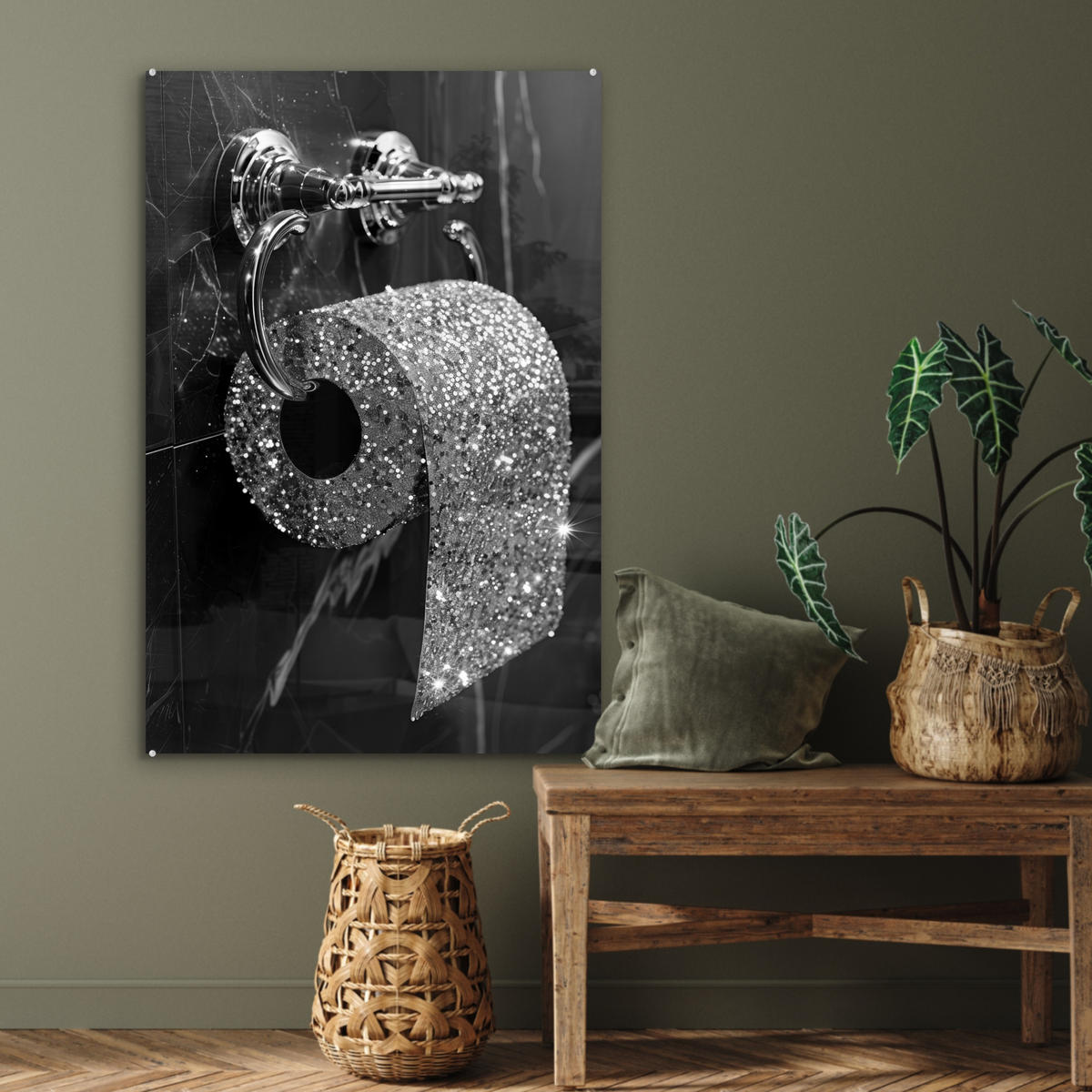 ACRYLGLASBILD WC - Toilettenpapier - Schwarz und weiß - Glitter 60x90 cm - Silberfarben, Glas (60/90cm) - MuchoWow