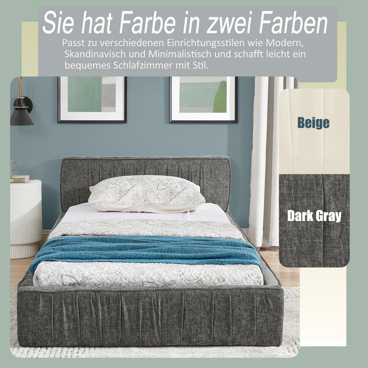 EINZELBETT 90x200 cm Chenille Holzrahmen grau - Dunkelgrau, Kunststoff (90/200cm) - LEBENLANG