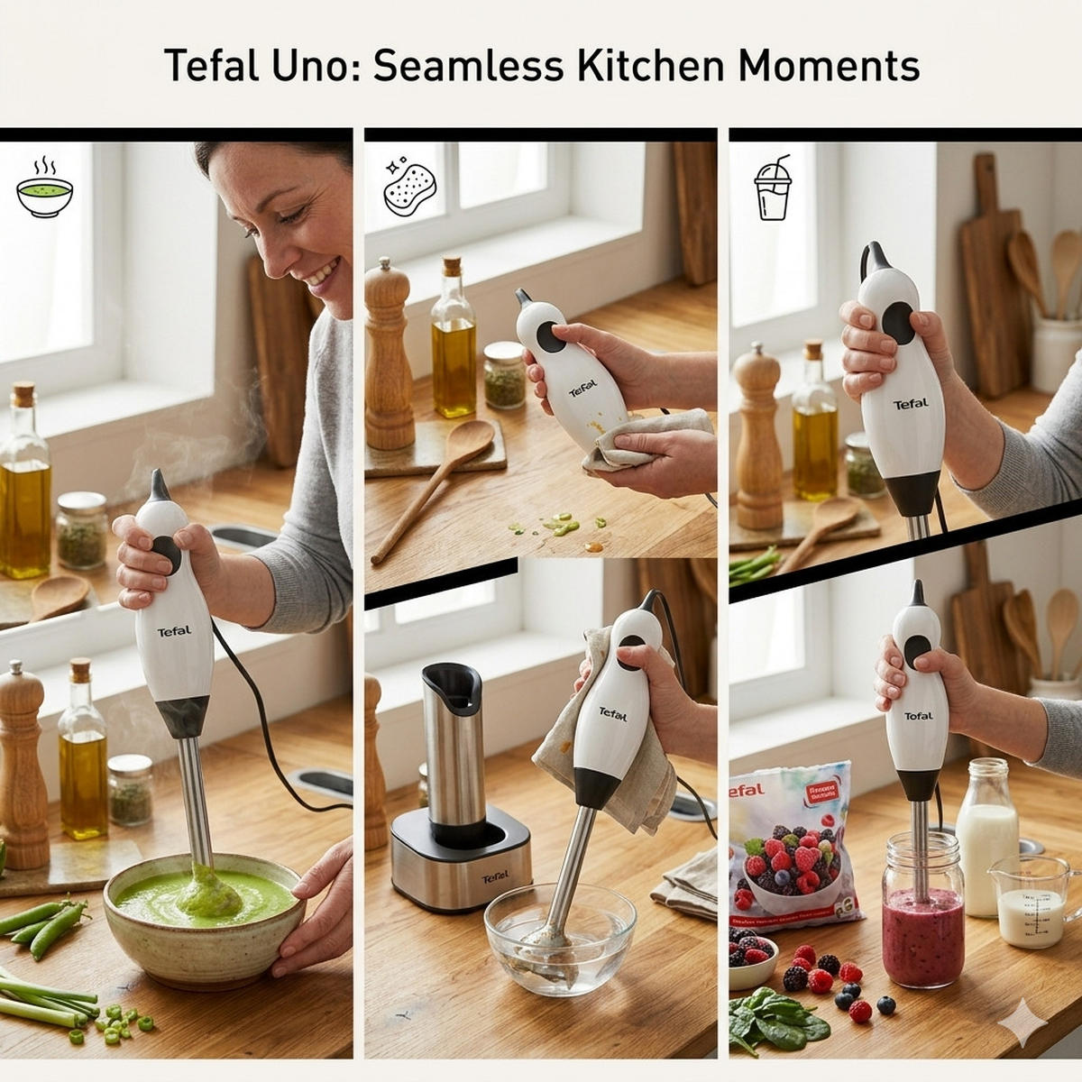 STABMIXER PowerMix 350, Handmixer 350W, Pürierstab Küche, Edelstahl Mixer, Smoothie Mixer, Küchenmixer Elektrisch, Kompakt Design - Silberfarben, Kunststoff/Metall (6/6/34cm) - Tefal
