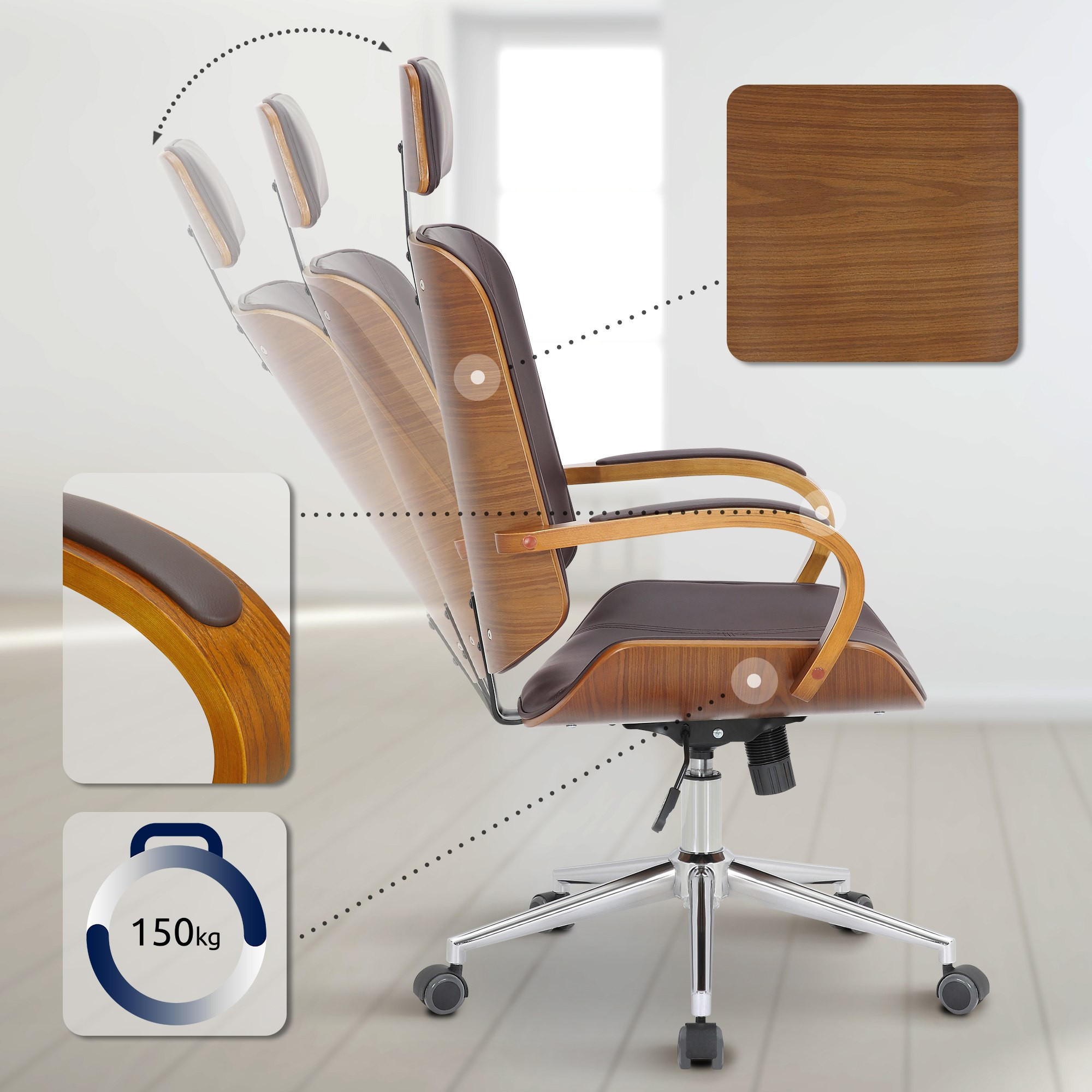 DREHSTUHL Lederlook Walnuss/Braun - Chromfarben/Walnussfarben, Textil/Metall (70/118/70cm) - CLP