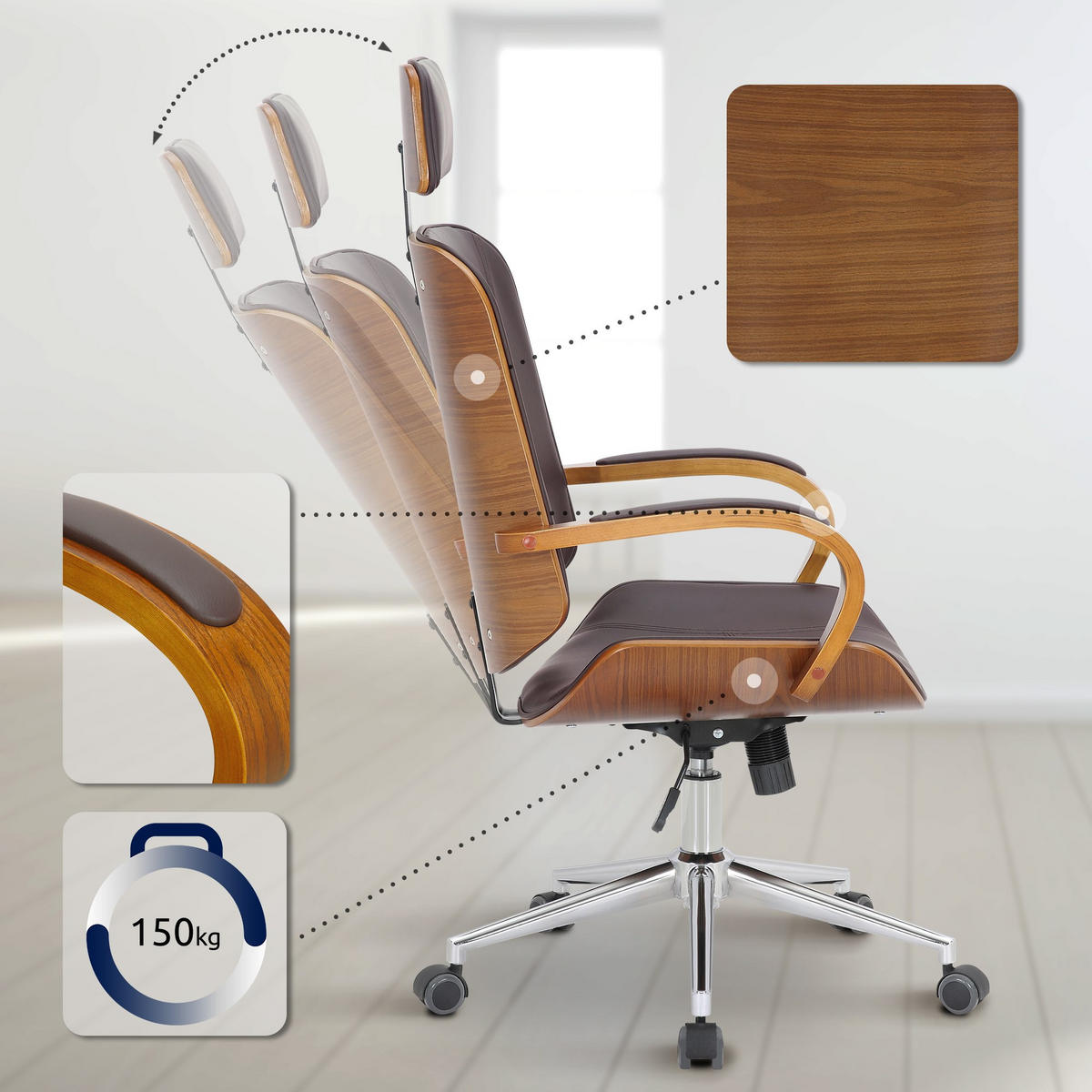 DREHSTUHL Lederlook Walnuss/Braun - Chromfarben/Walnussfarben, Textil/Metall (70/118/70cm) - CLP