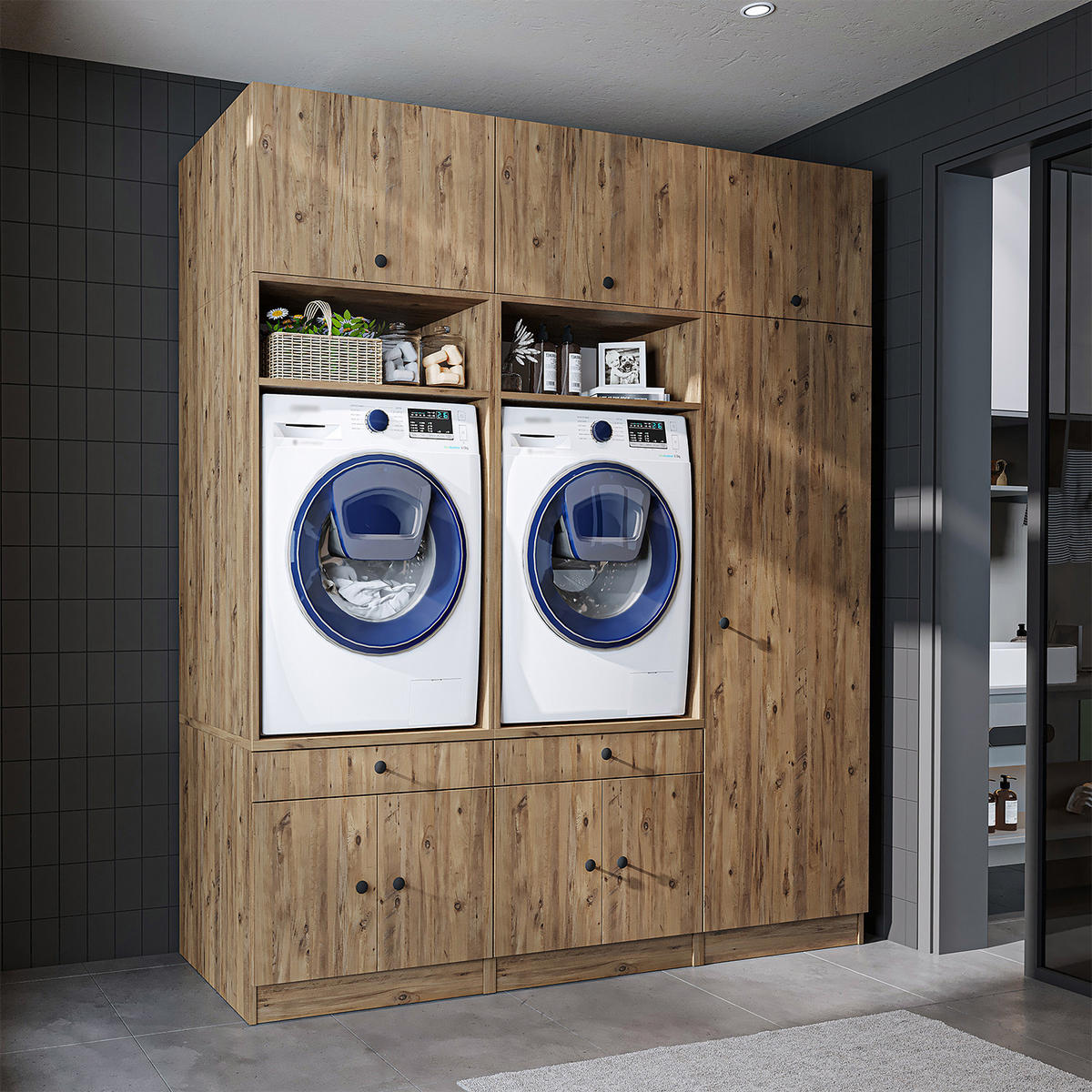 WASCHMASCHINENSCHRANK Serie 1 194cm Breit, 230cm Hoch - Eichefarben, Holzwerkstoff (194/230/67cm)