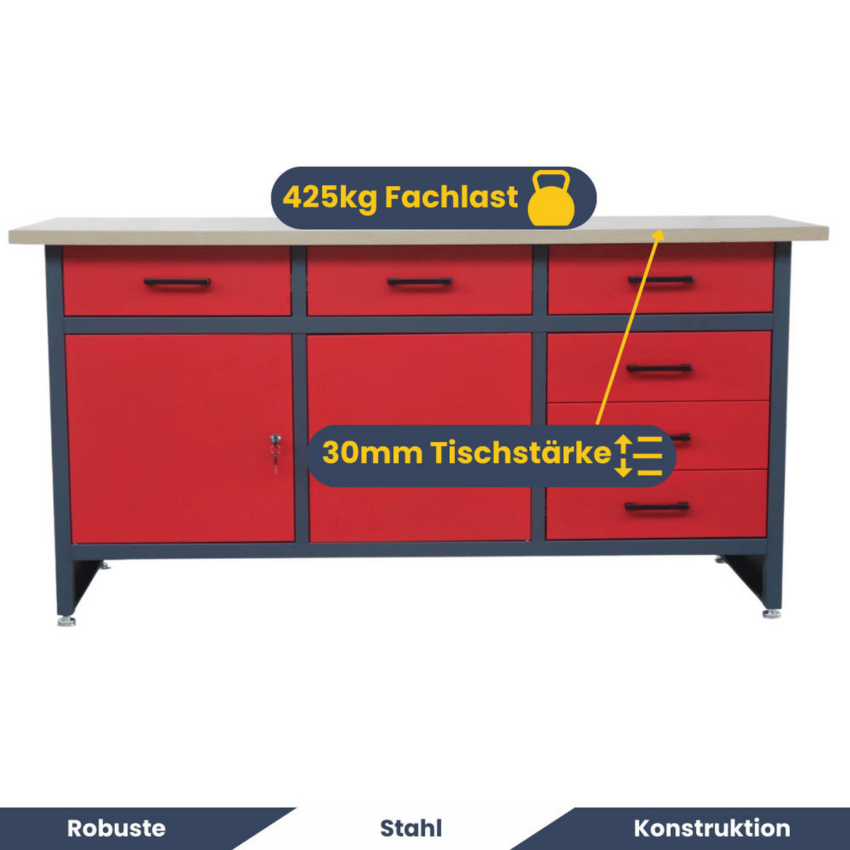 WERKBANK Werkstatt KARL 2x Tür 85x170x60cm Anthrazit-Rot - Anthrazit, Metall (170/85/60cm) - DELUKE